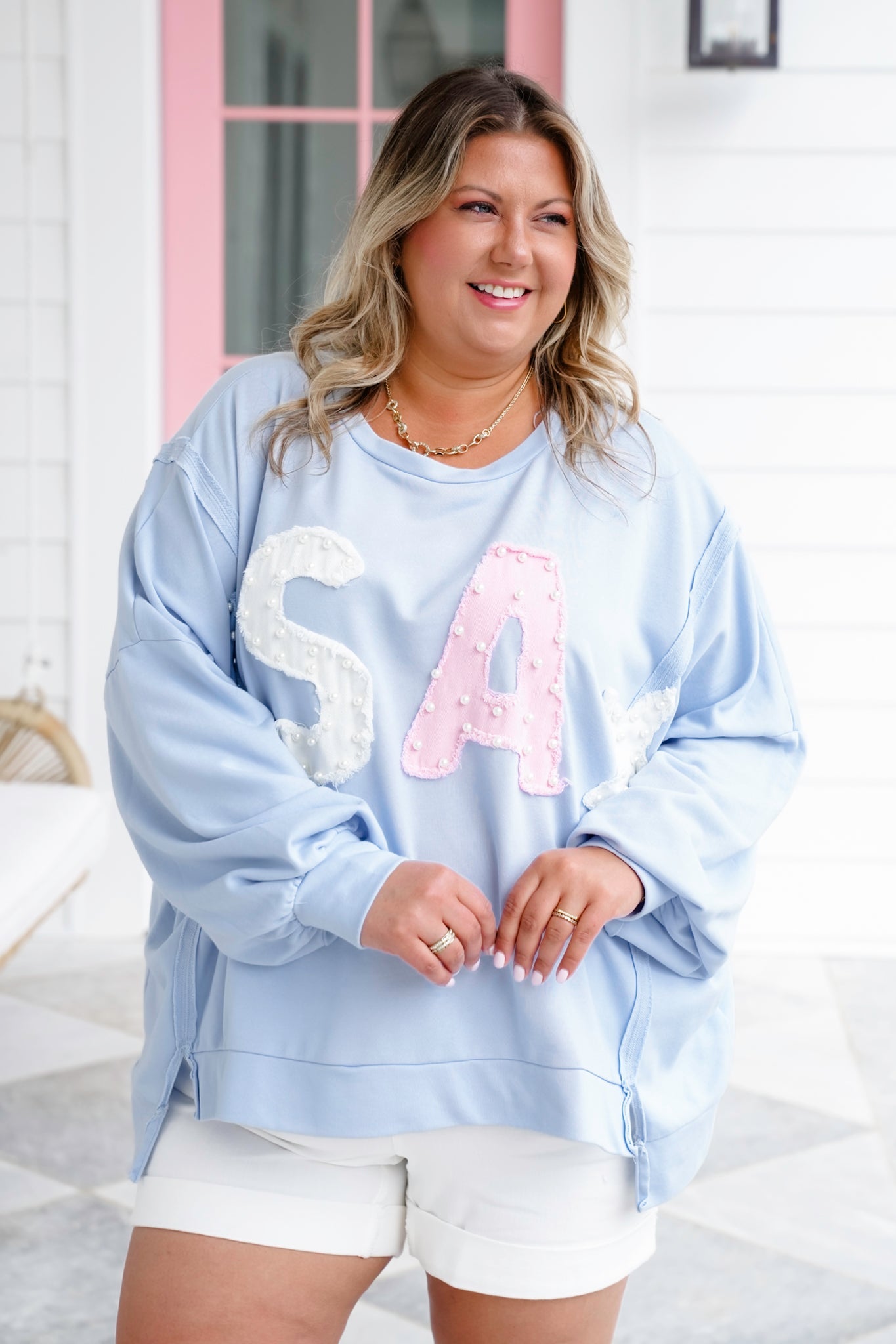 Long Sleeve "USA" Patch Pullover with Pearl Detail