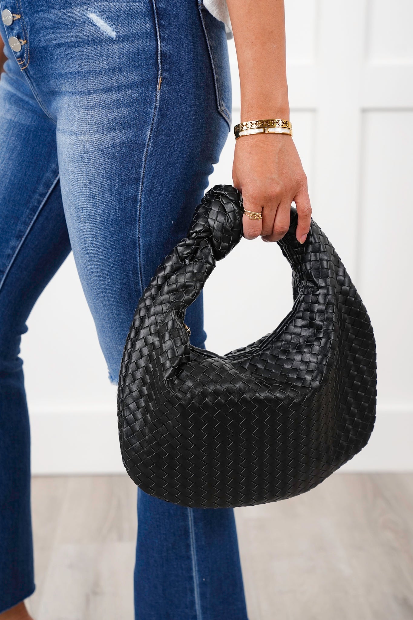 Black Vegan Leather Woven Hobo Bag