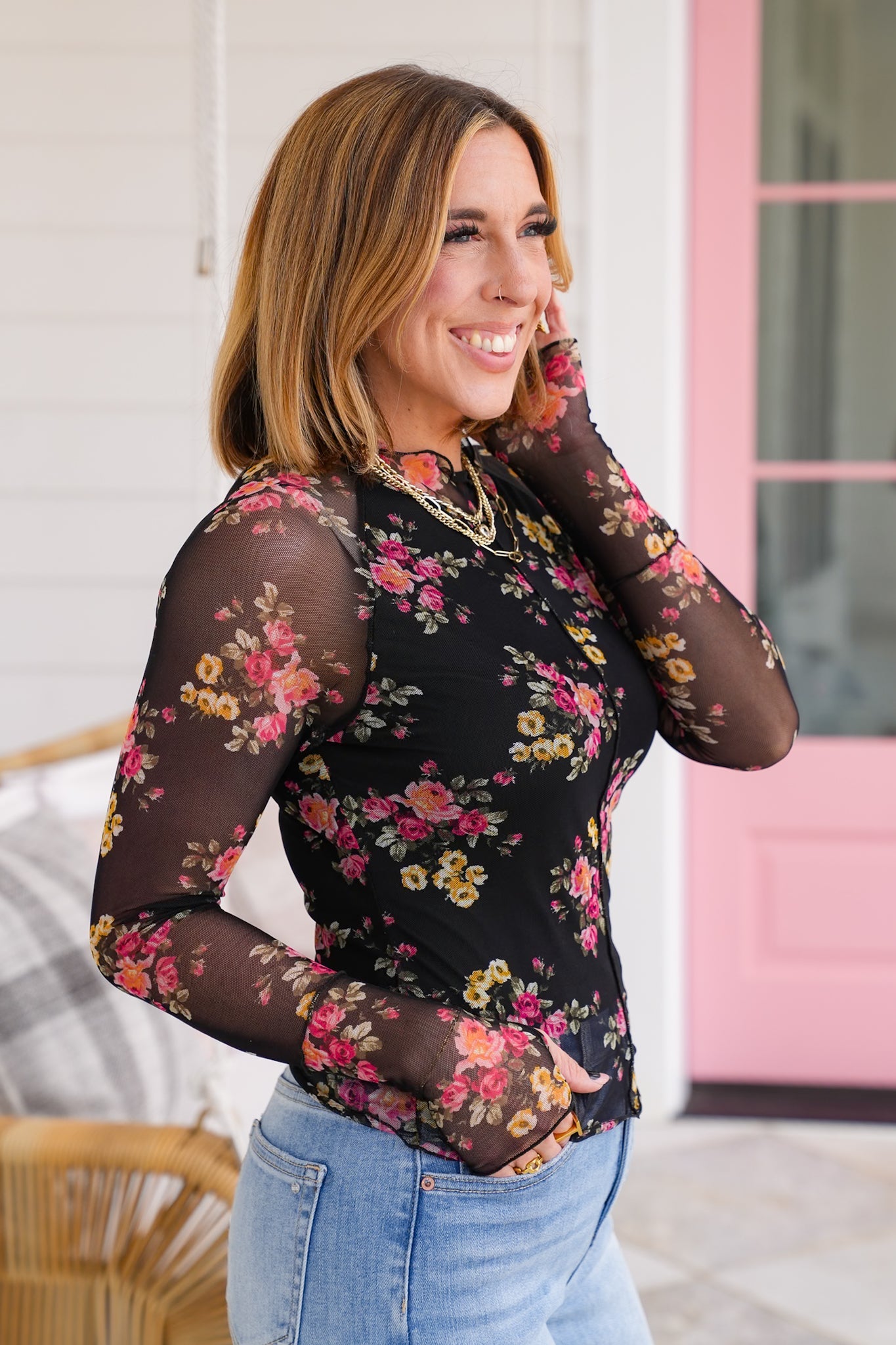 Plus/Reg Floral Long Sleeve Mock Neck Mesh Top