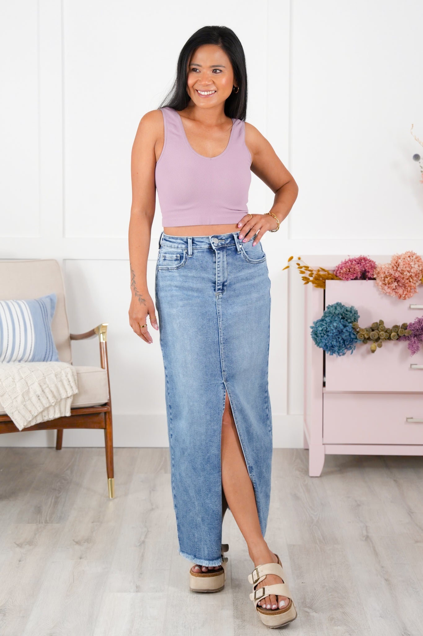 Risen High Rise Medium Wash Long Skirt