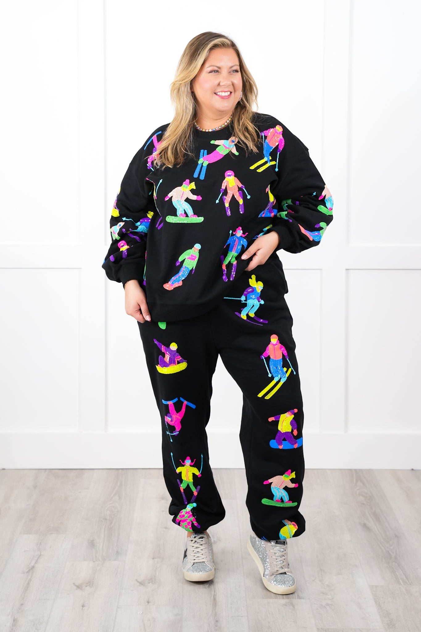 Plus/Reg Queen Of Sparkles All Over Neon Sequin Skiers Pullover Sweatshirt