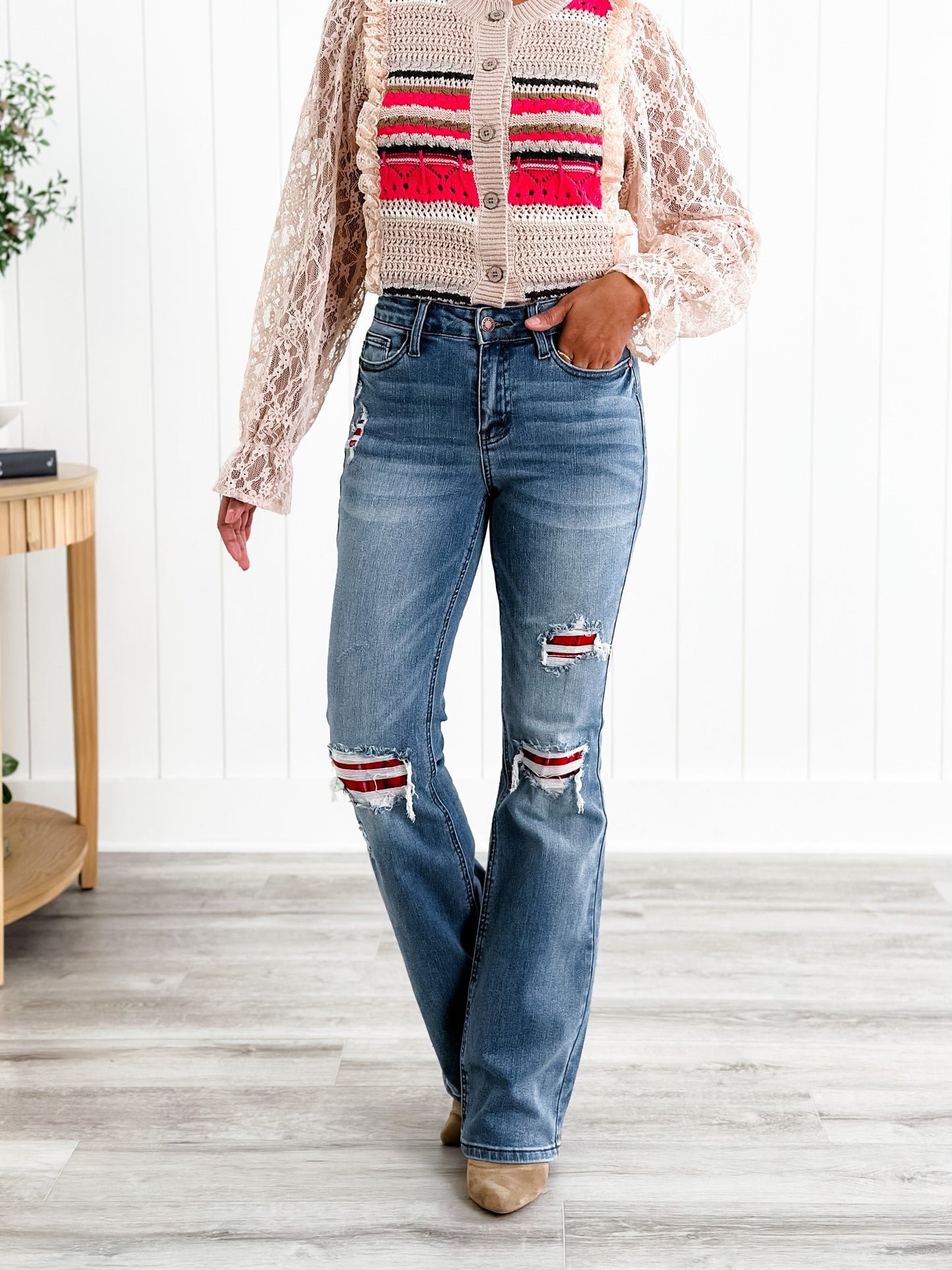 Judy Blue Plaid for You Mid Rise Medium Wash Bootcut Jeans With Patch Detail