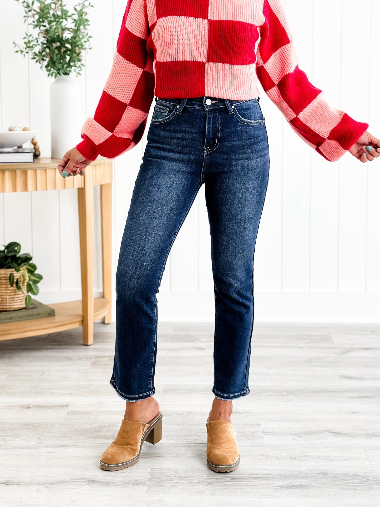 Risen Dark Wash High Rise Cropped Straight Leg Jeans