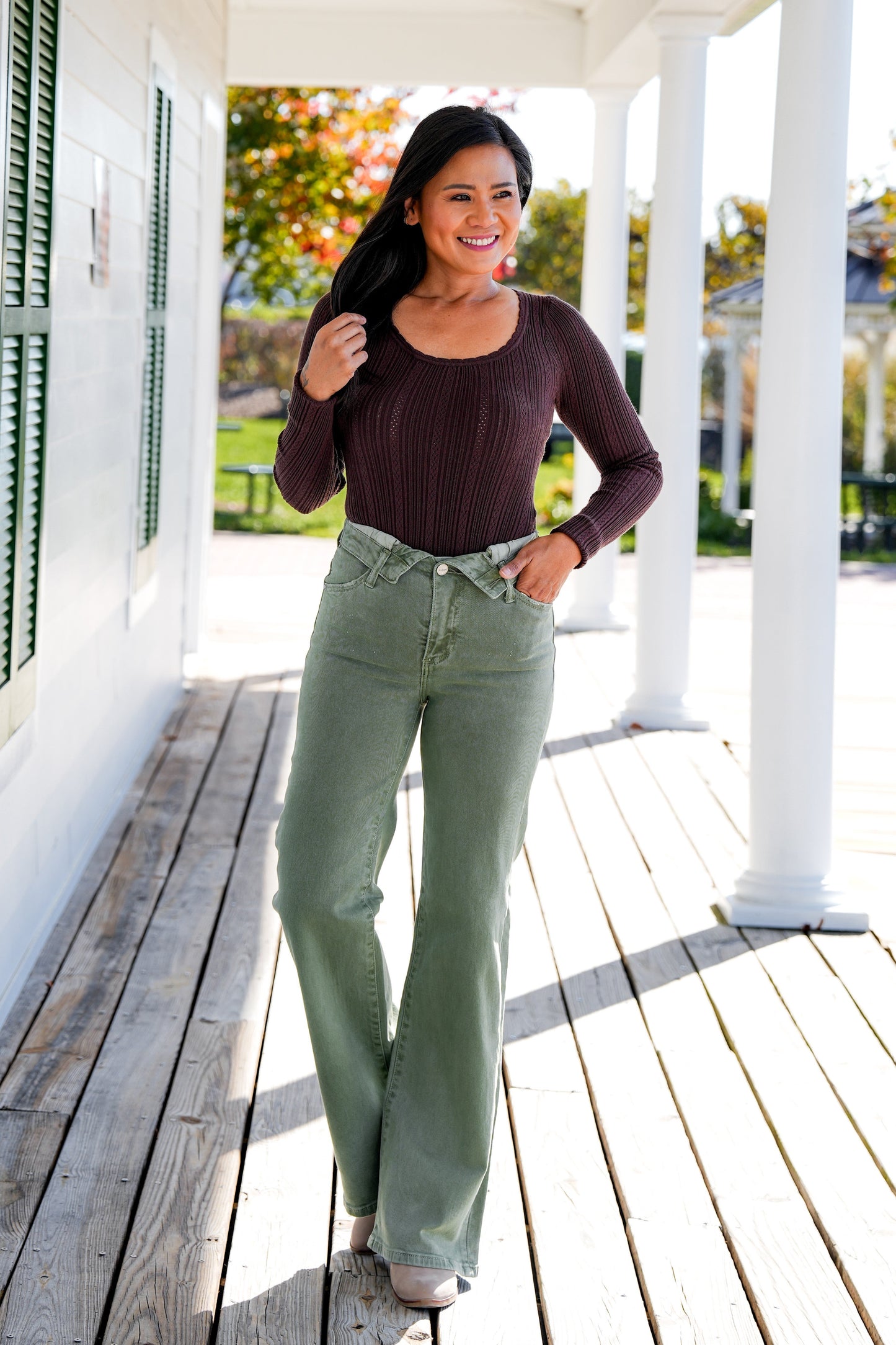 Risen Mid Rise Olive Flap Slim Wide Leg Jeans