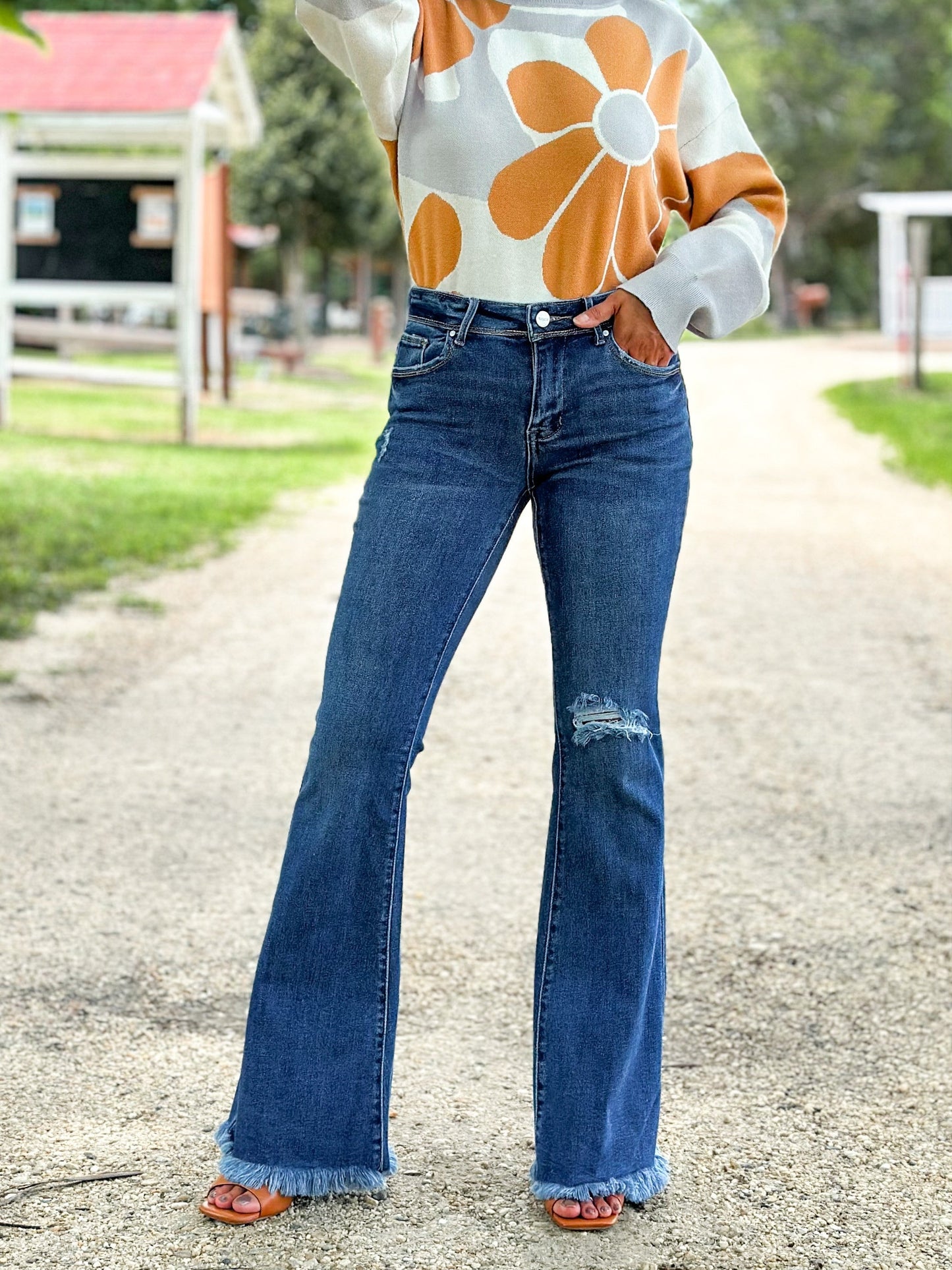 Risen Low Rise Dark Wash Distressed Flare Jeans