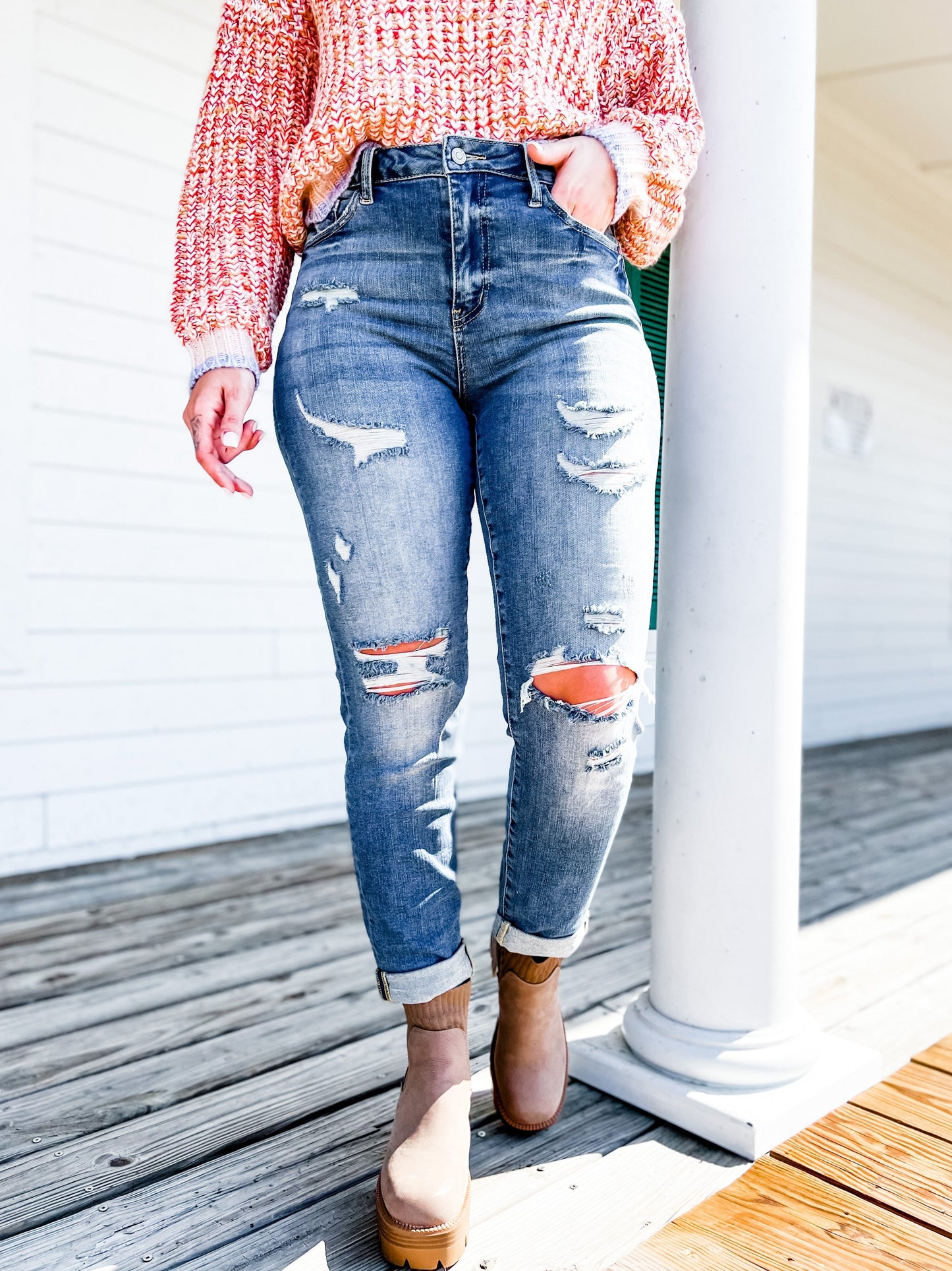 Judy Blue Boy Toy Light Wash High Rise Cuffed Boyfriend Distressed Jeans