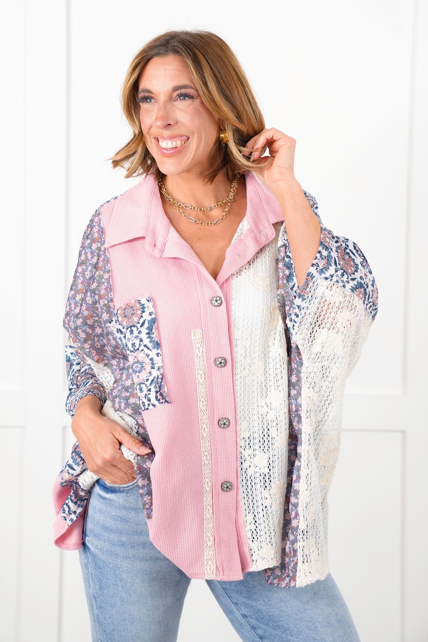 POL Thermal Long Dolman Sleeve Button Down Top with Contrast Print Detail