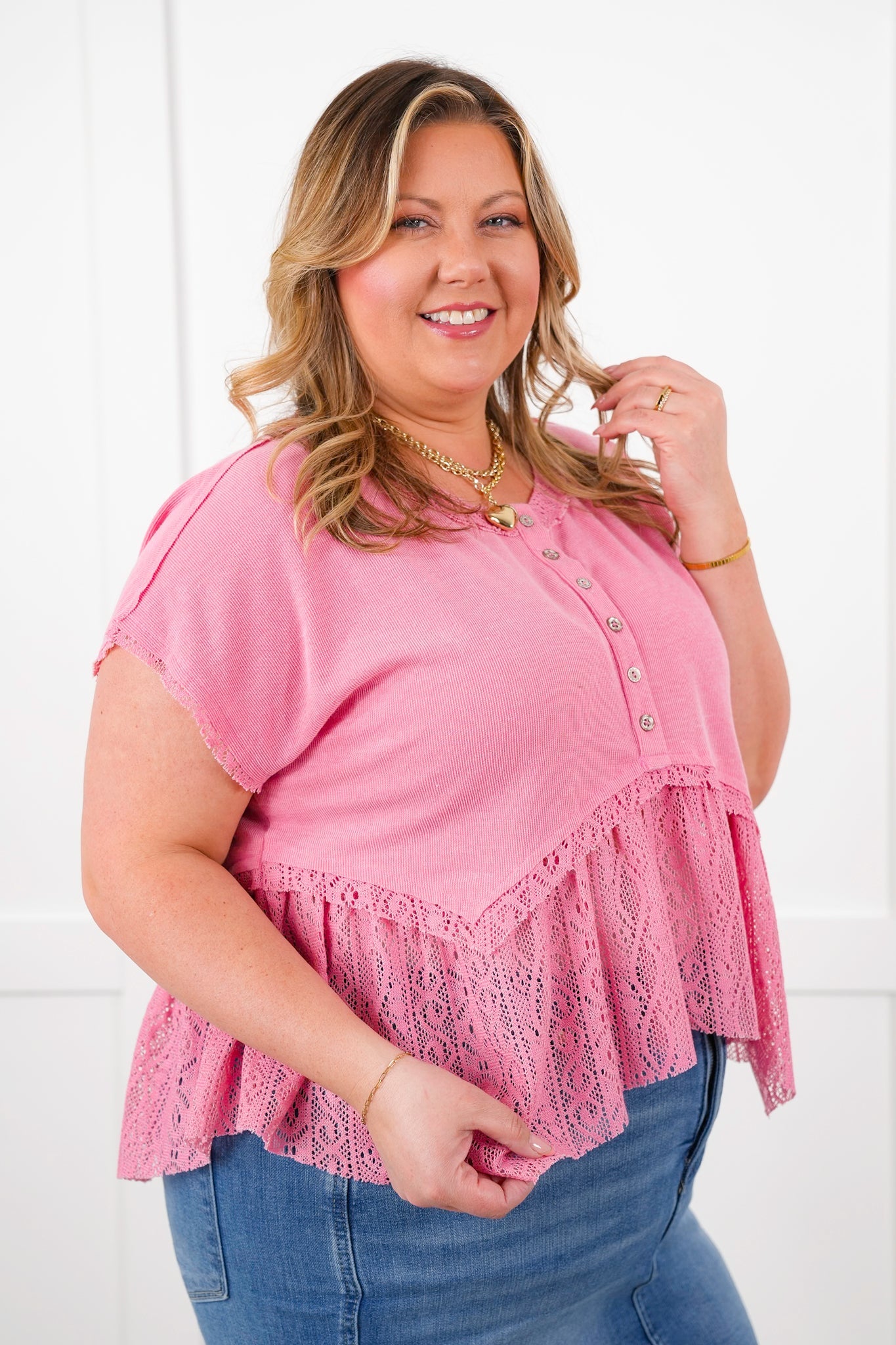 POL Short Sleeve Button Up Knit Top with Crochet Detail