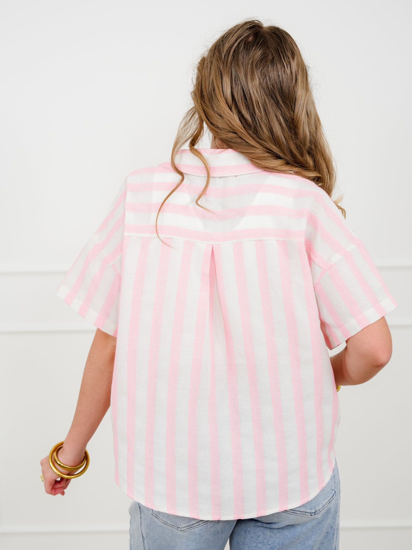 Plus/Reg Stripe Color Block Short Sleeve Button Down Top