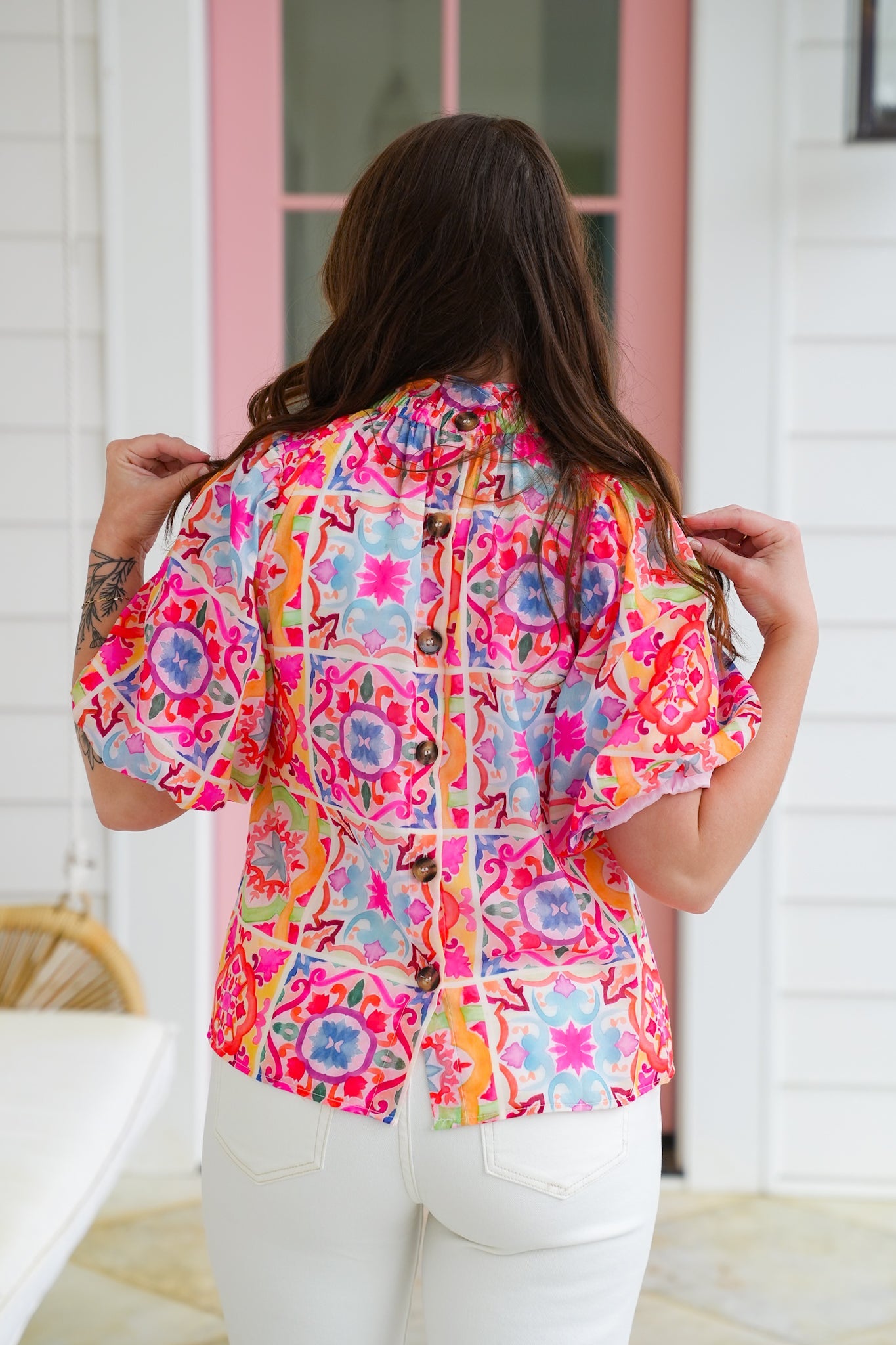 Multi Color Print Short Puff Sleeve Top with A Button Up Back