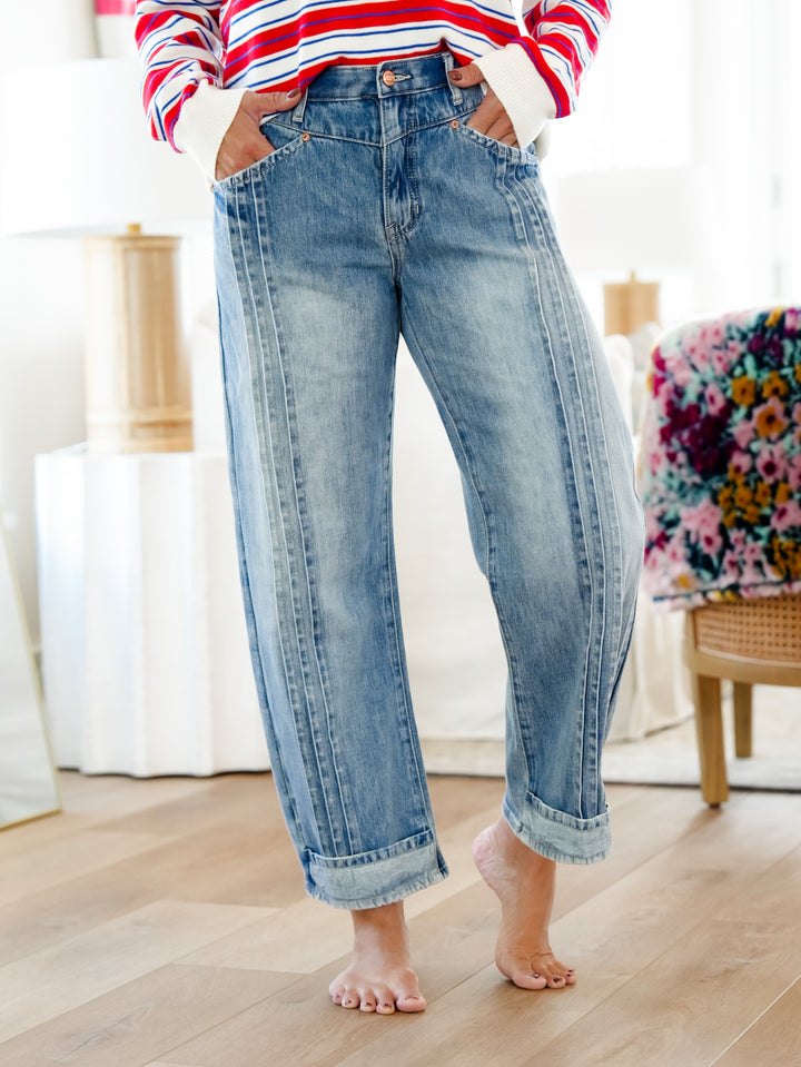 Saige High Rise Medium Wash Tummy Control Barrel Jeans with Pleats - Freckled Poppy