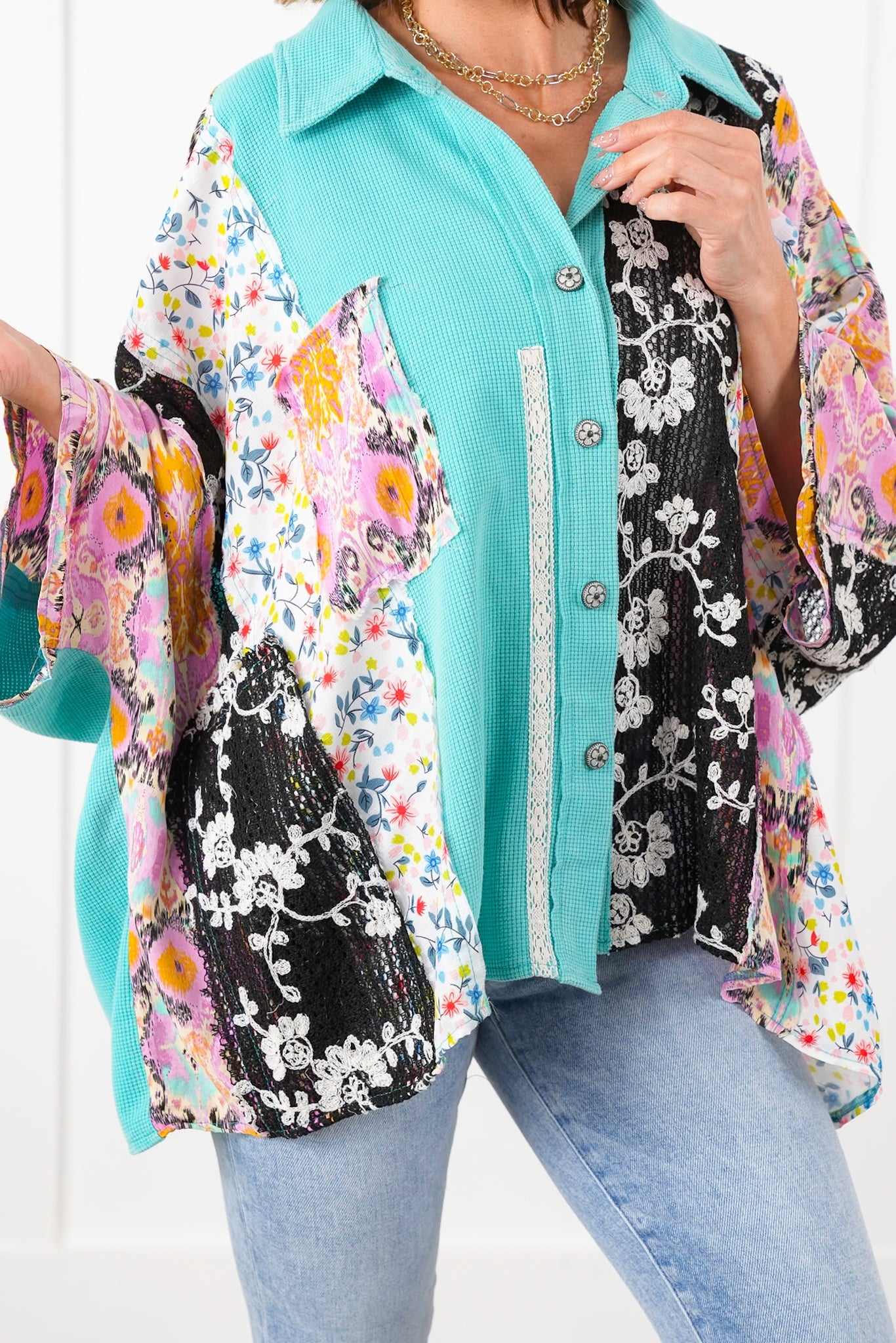 POL Thermal Long Dolman Sleeve Button Down Top with Contrast Print Detail