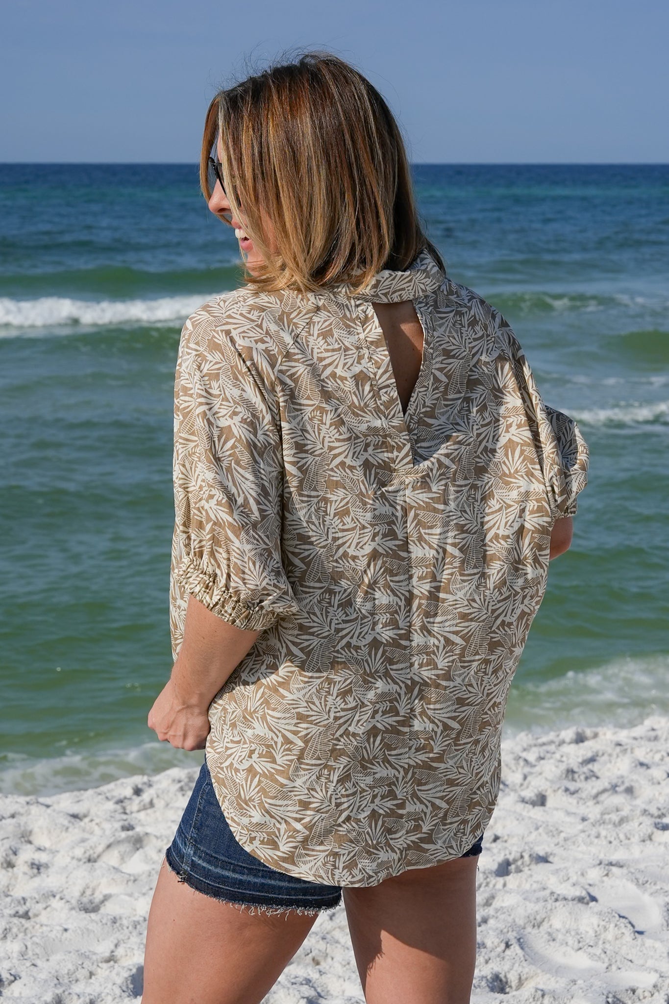 Tropical Print Short Doman Sleeve Button Down Top with Back Cut Out Detail