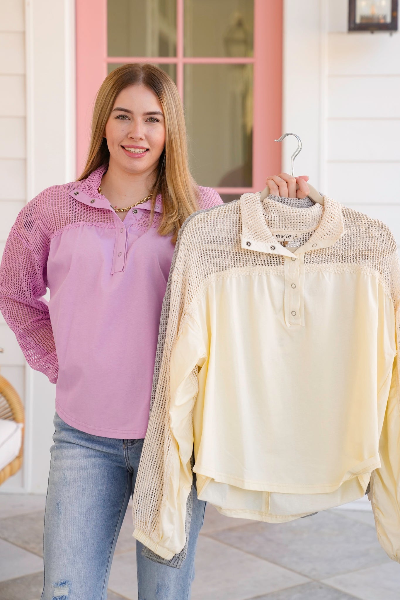 Long Sleeve Henley Top with Mesh Detail