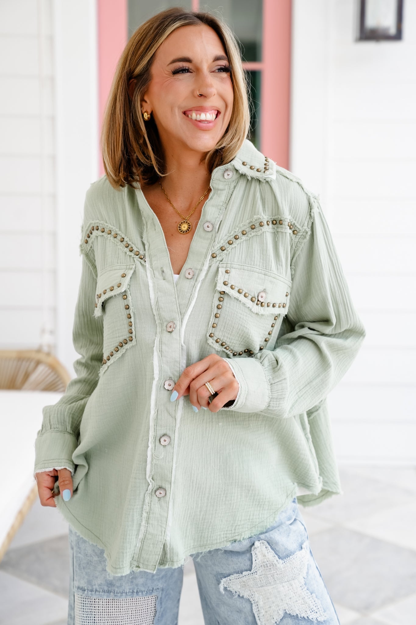 POL Gauze Long Sleeve Button Down Shacket with Stud Detail - More Colors!