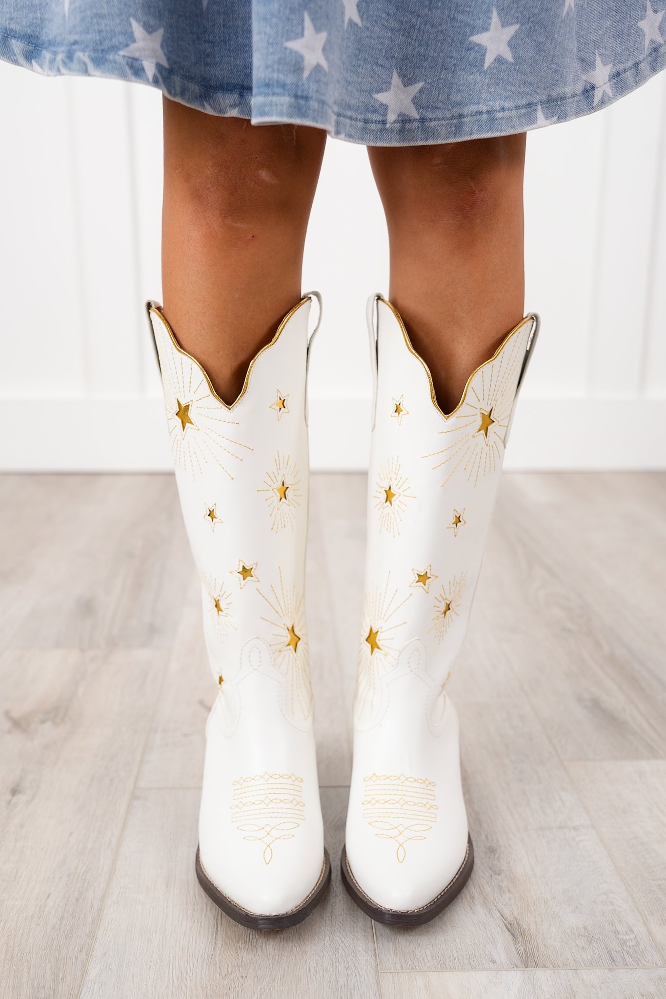 Western Knee High Heeled Boot with Star Cutout Accents
