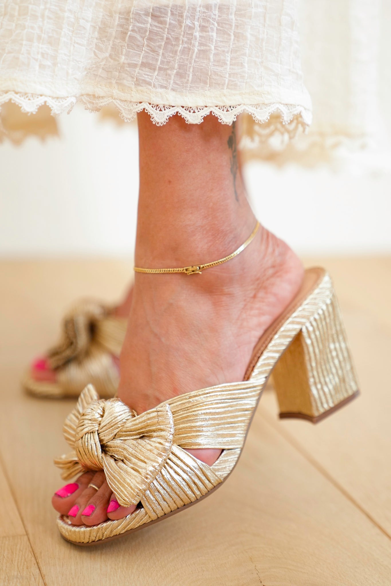 MIA Chic Pleated Open Toe Mule with Knotted Bow