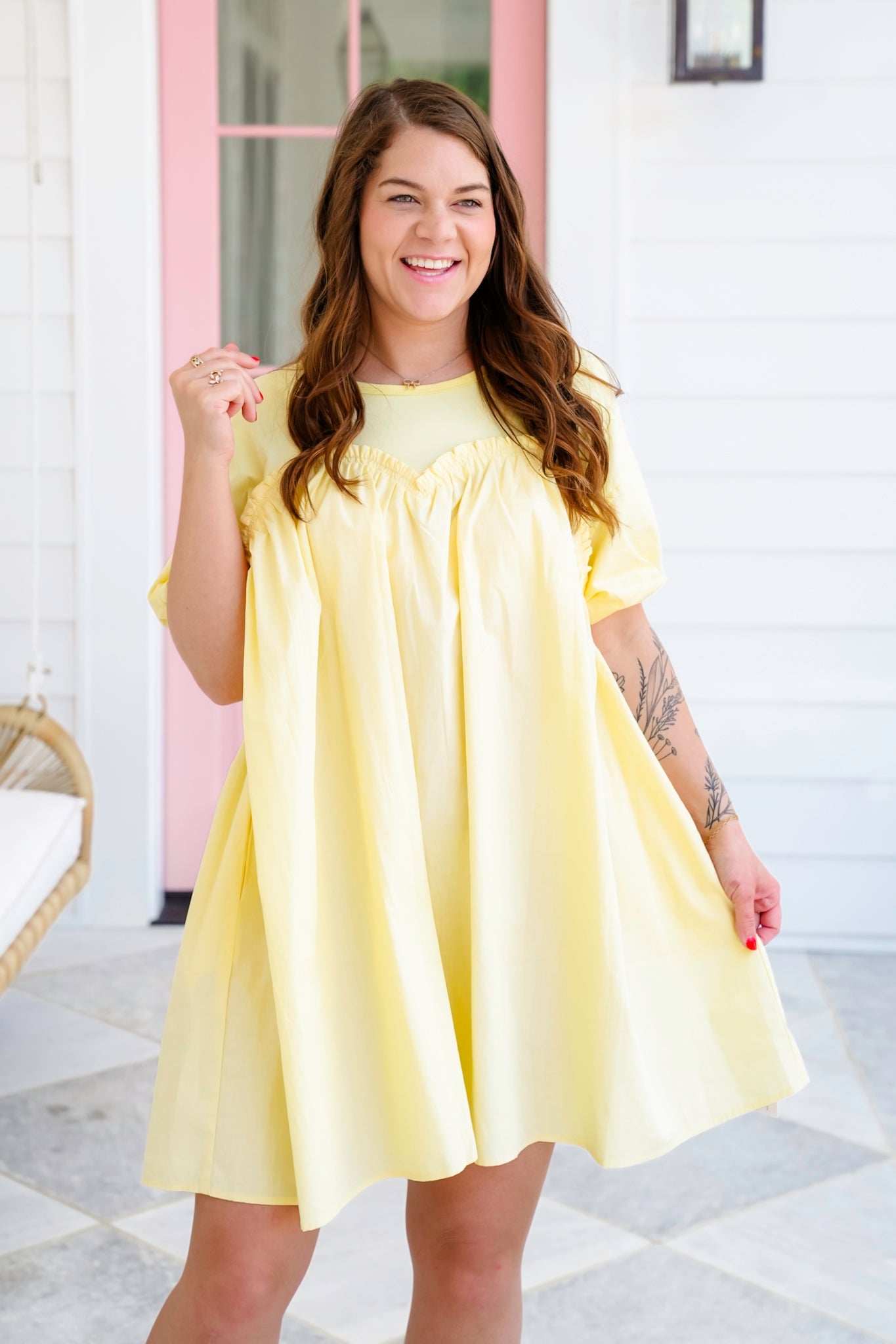 Plus/Reg Solid Cotton Short Sleeve Baby Doll Mini Dress
