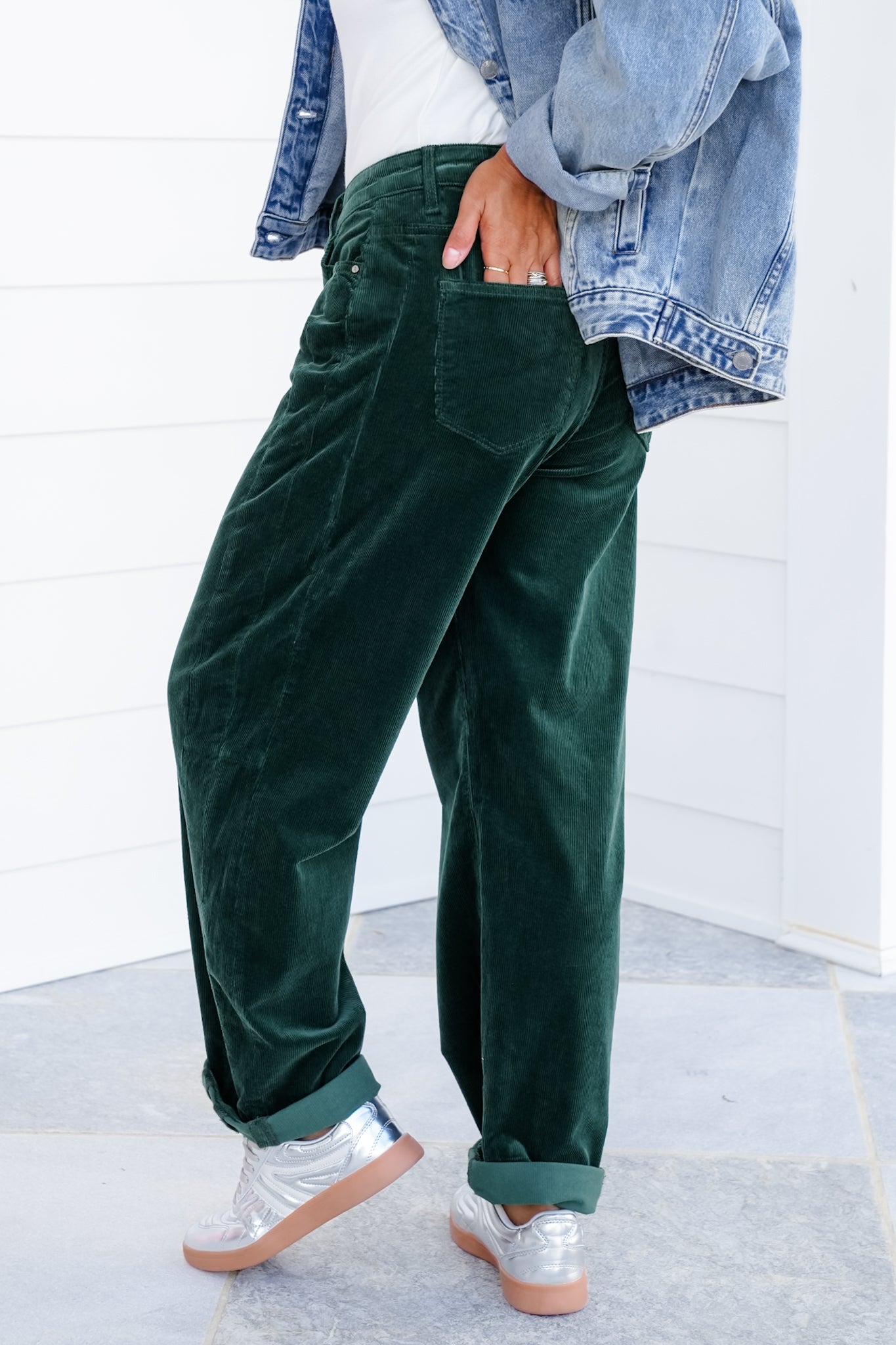 Risen High Rise Green Cuffed Corduroy Barrel Pants