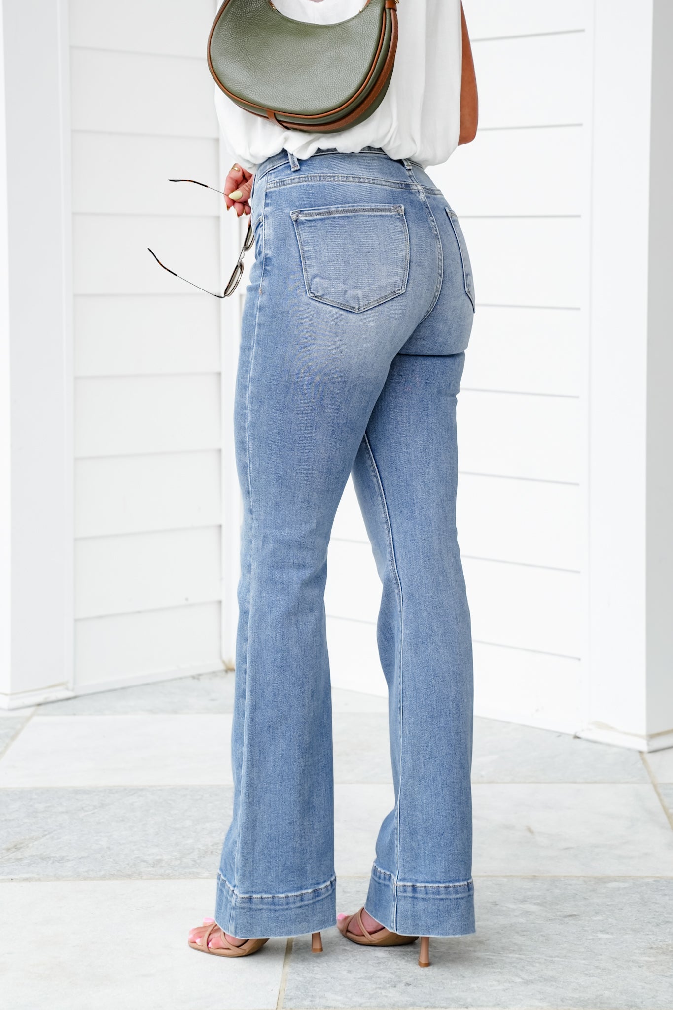 Risen High Rise Medium Wash Tummy Control Elastic Waistband Flare Jeans