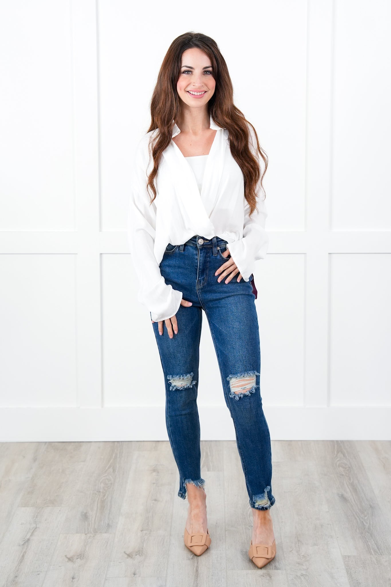 Solid Long Sleeve V Neck Wrap Blouse (Multiple Colors)