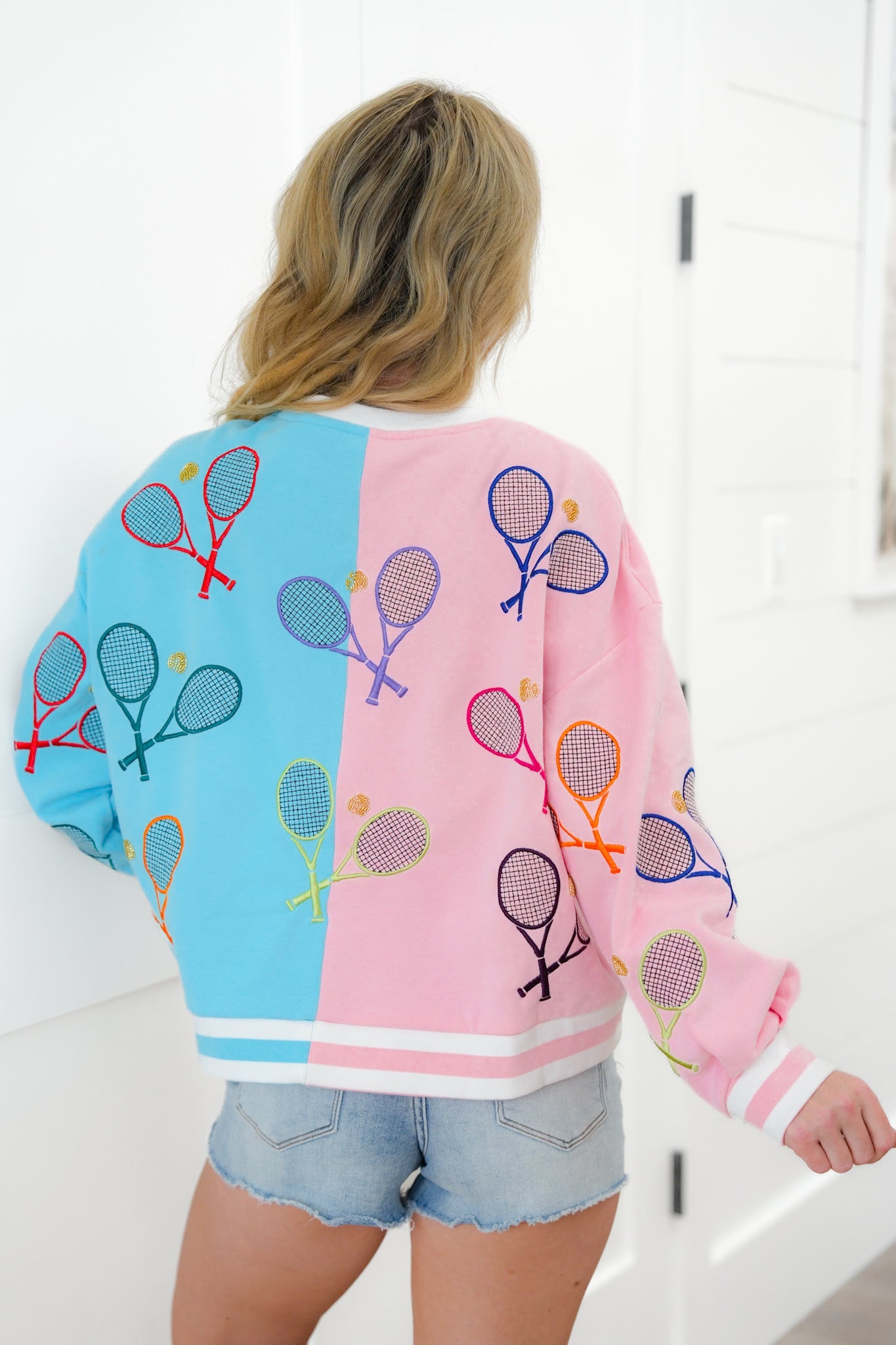 Plus/Reg Queen Of Sparkles Long Sleeve Color Block Sweatshirt with Sequin Tennis Detail