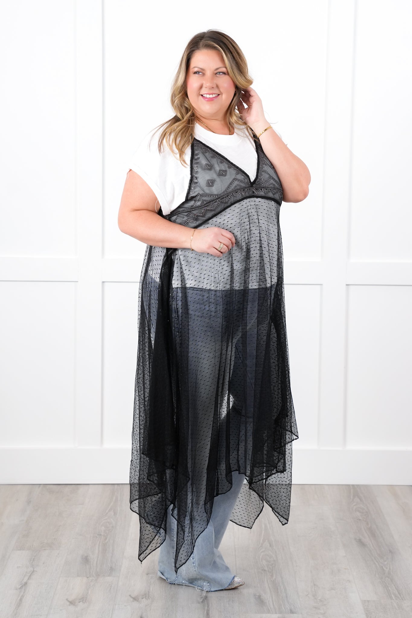Short Sleeve Layered Sheer Embroidered Maxi Top