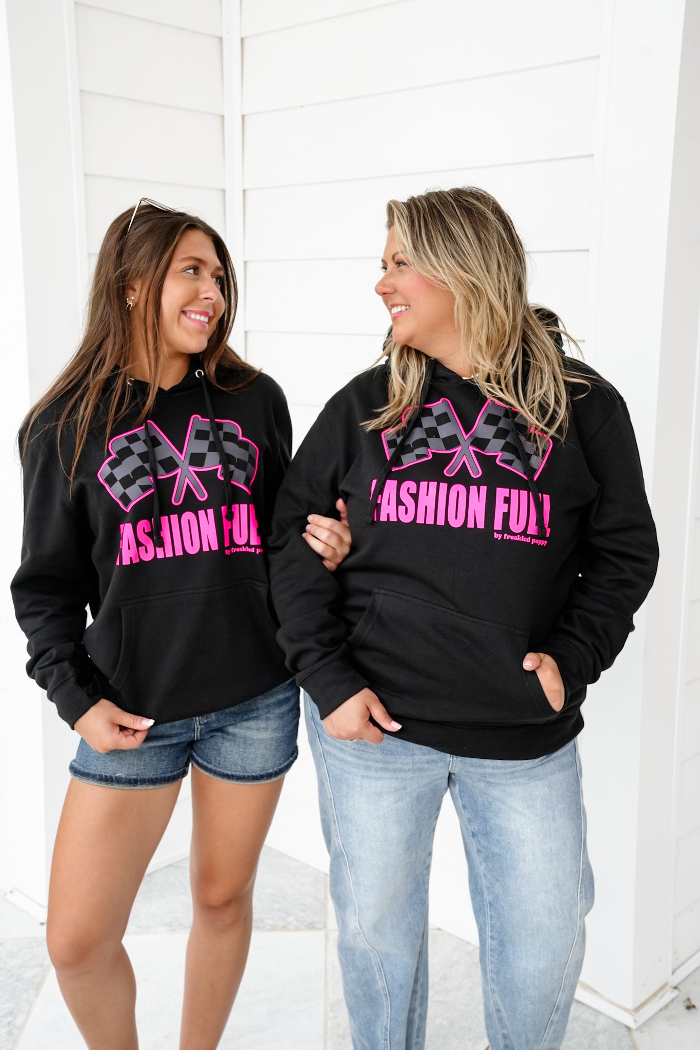 Plus/Reg Black Long Sleeve "Fashion Fuel By Freckled Poppy" Graphic Hoodie With Racing Flag