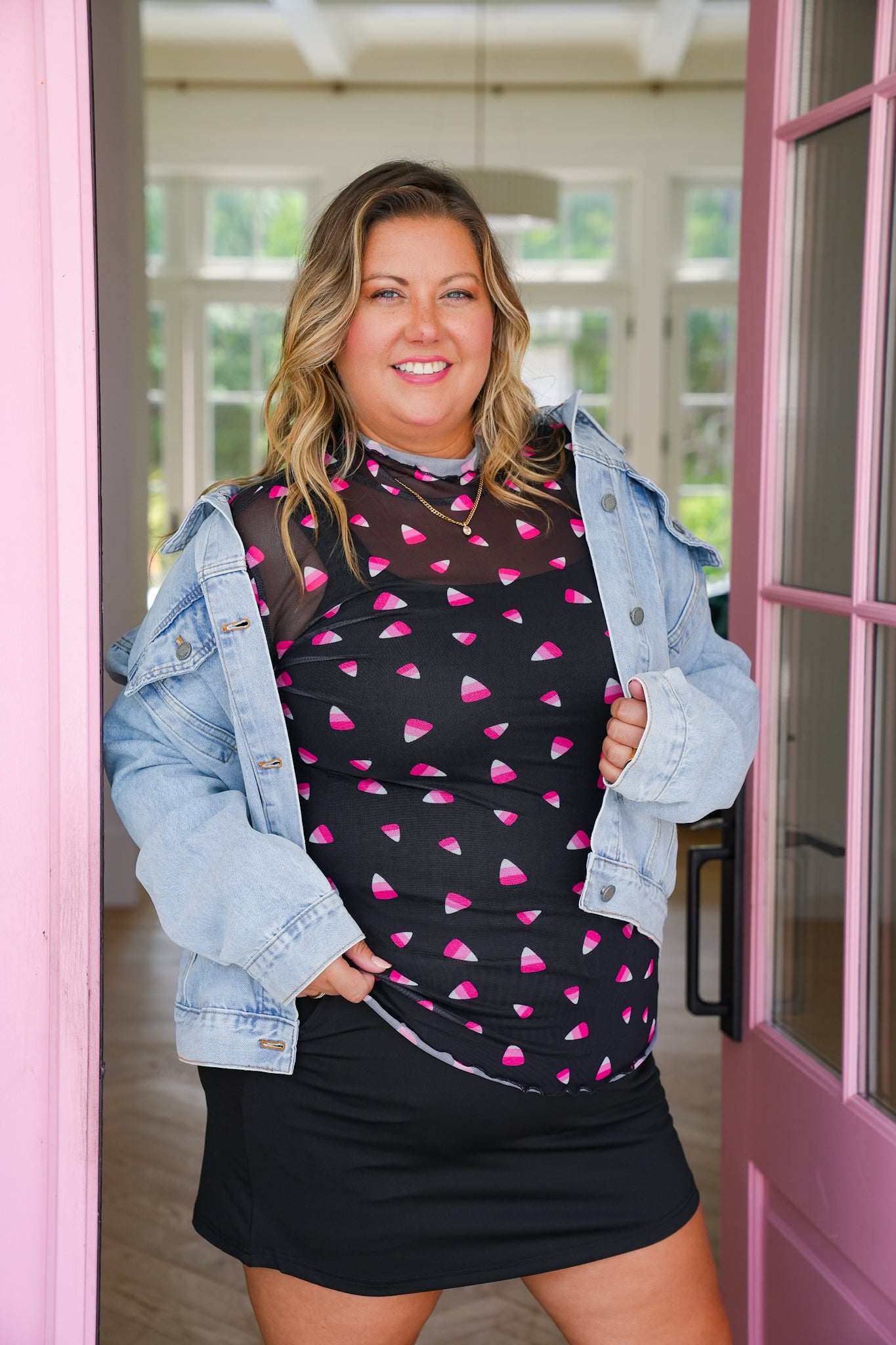 Plus/Reg Long Sleeve Candy Corn Mesh Top