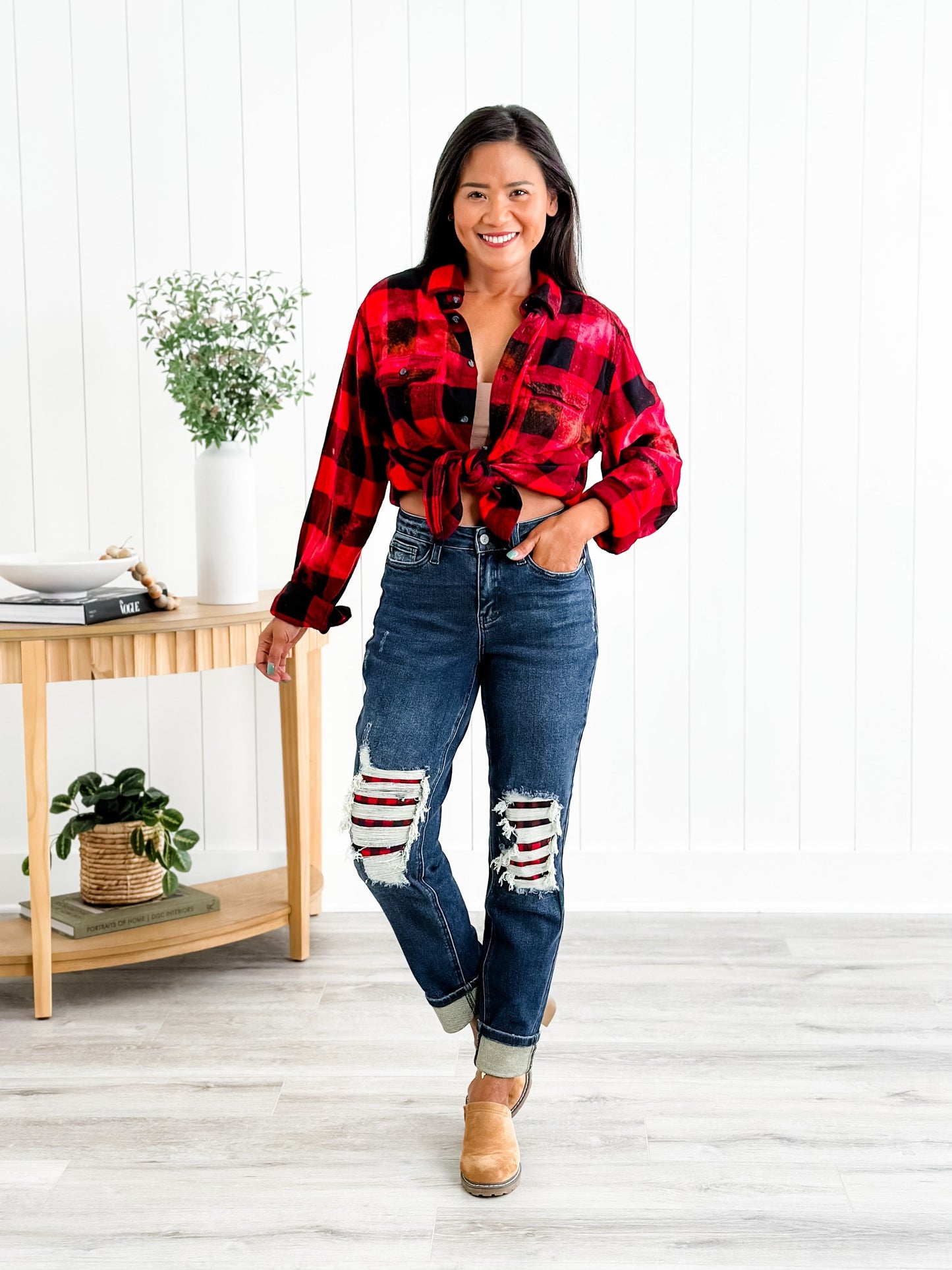 Judy Blue Warm and Cozy Mid Rise Dark Wash Boyfriend Buffalo Plaid Knee Destroy Patches With Cuff Jeans