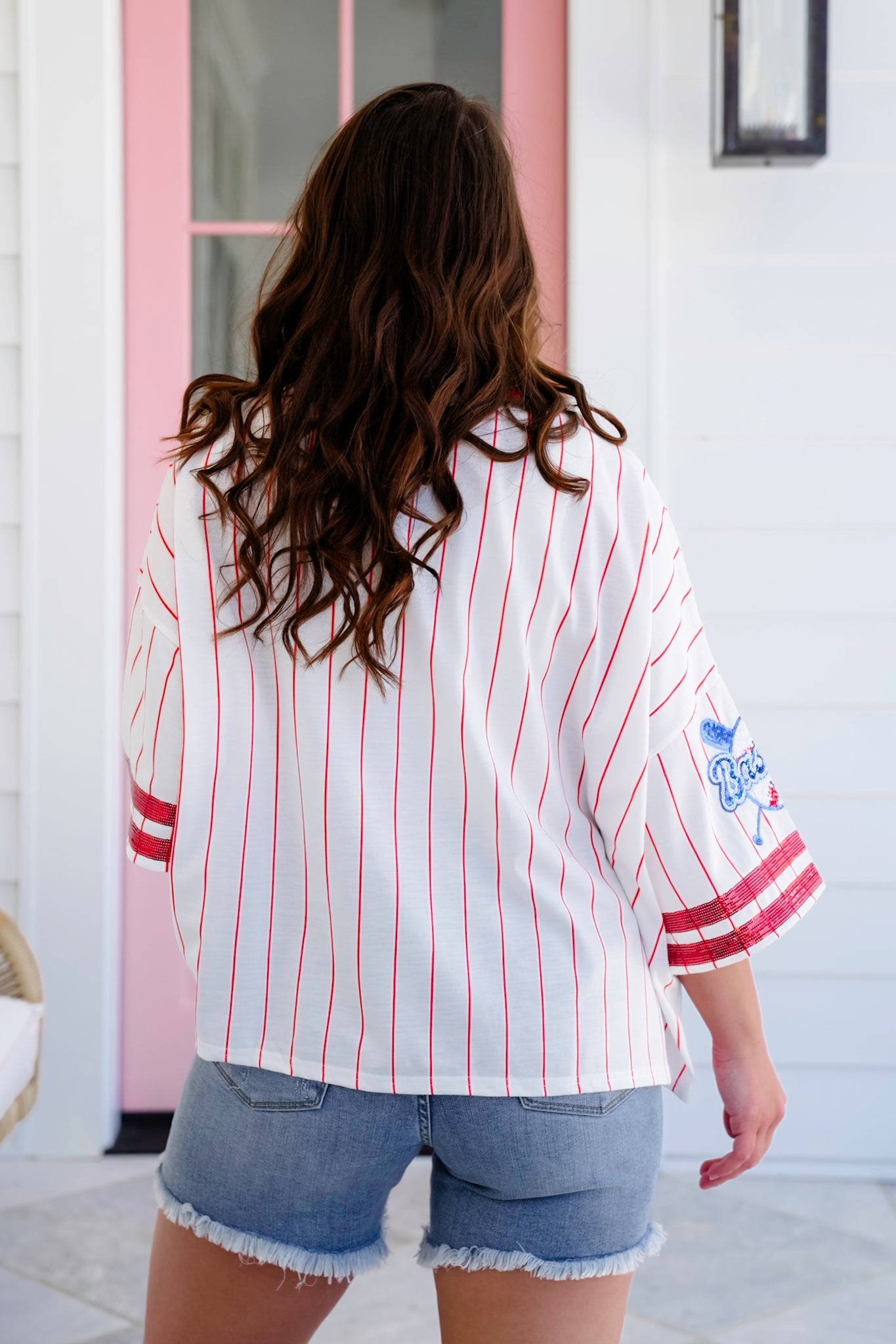 Stripe Short Sleeve Baseball Top with Sequin Detail