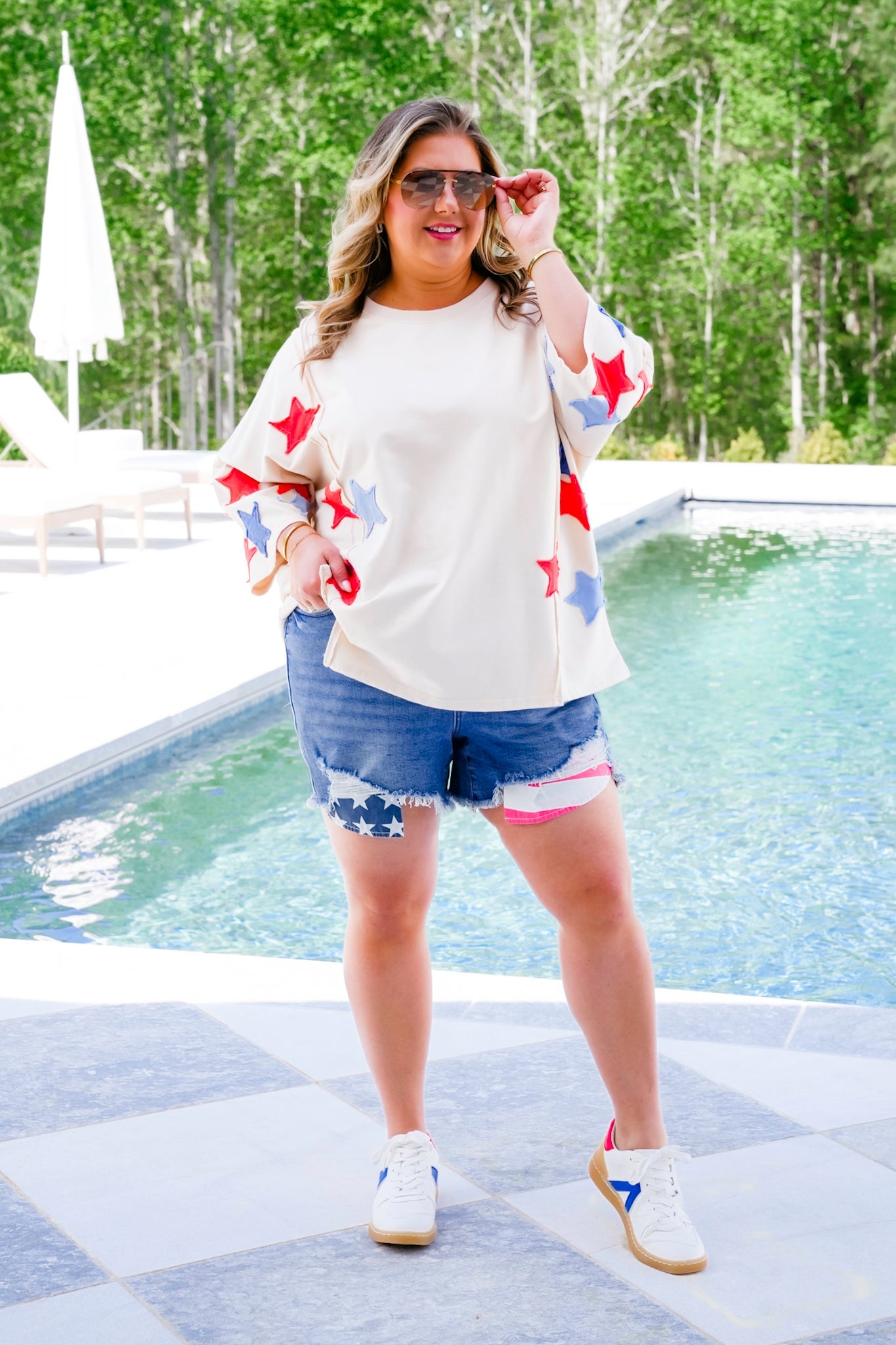Restock! Plus/Reg Knit 3/4 Sleeve Pullover Top with Star Patch Detail
