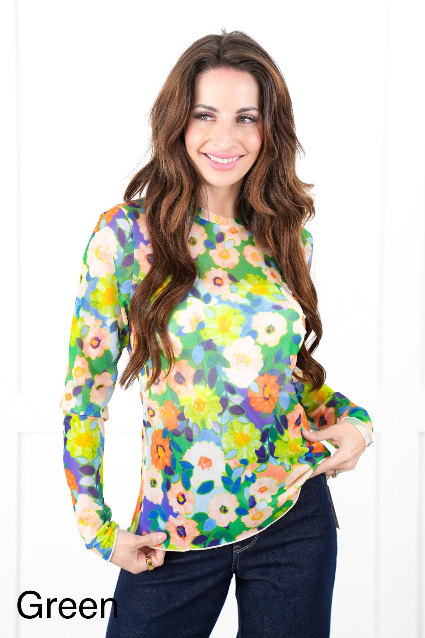 Restock! Plus/Reg Floral Print Mesh Long Sleeve Top