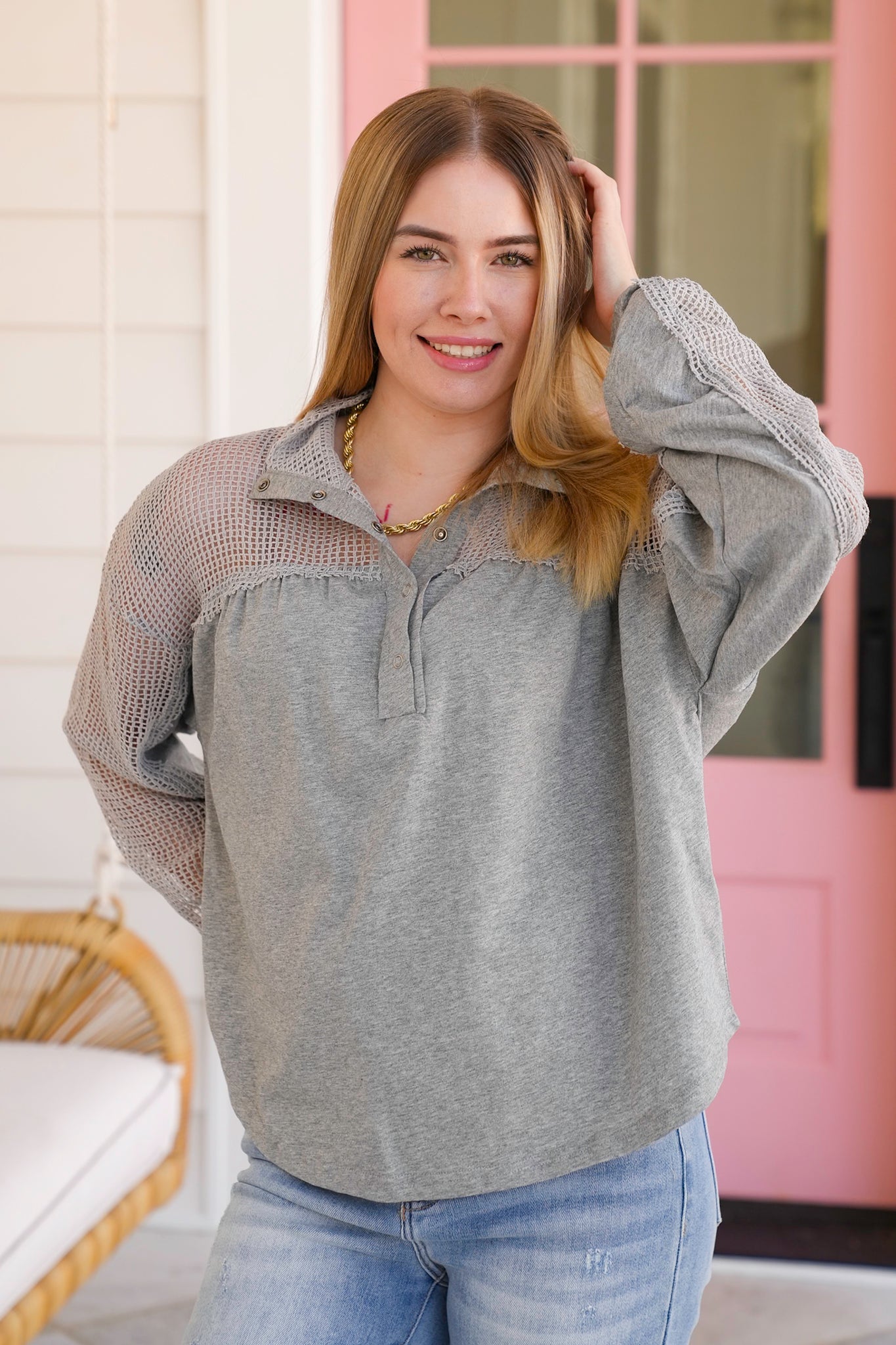Long Sleeve Henley Top with Mesh Detail