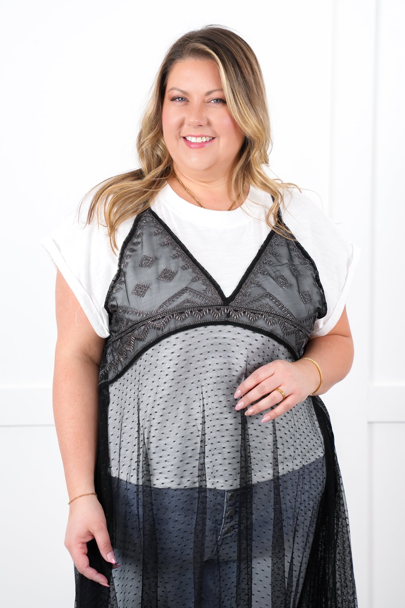 Short Sleeve Layered Sheer Embroidered Maxi Top