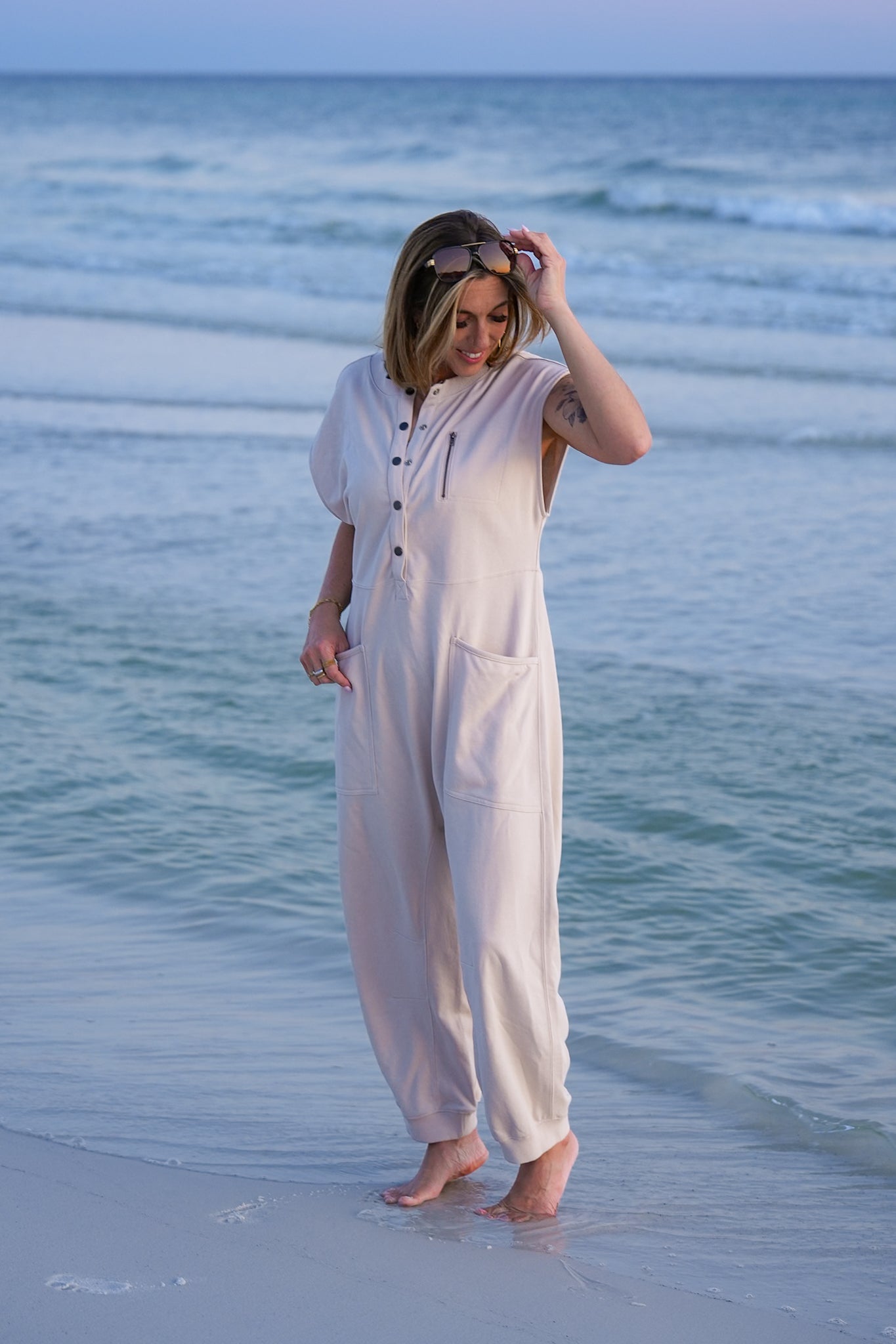 Plus/Reg Taupe Short Sleeve Button Up Knit Jumpsuit with Front Pockets