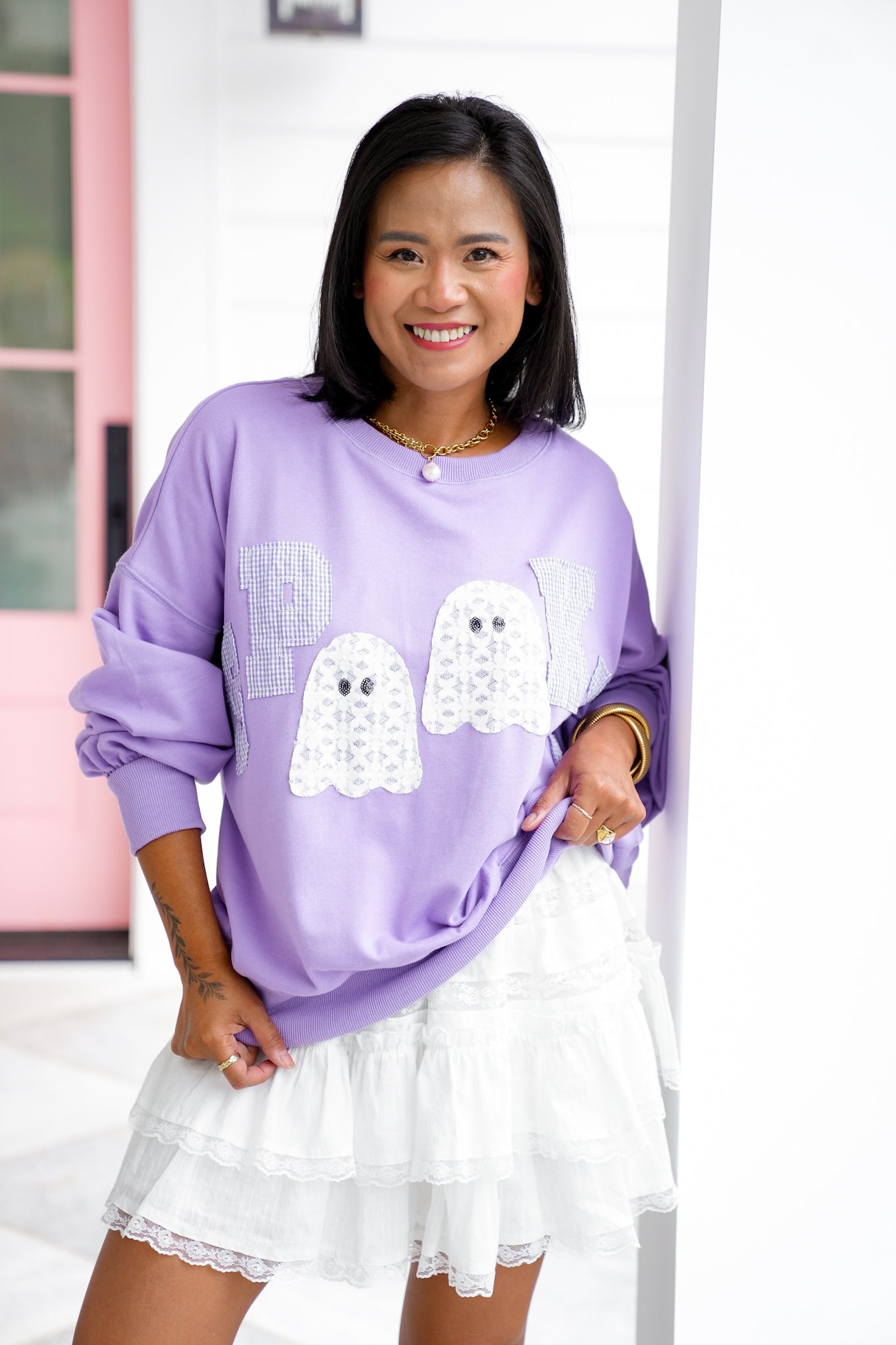 Long Sleeve Crew Neck "Spooky" Sweatshirt With Ghosts