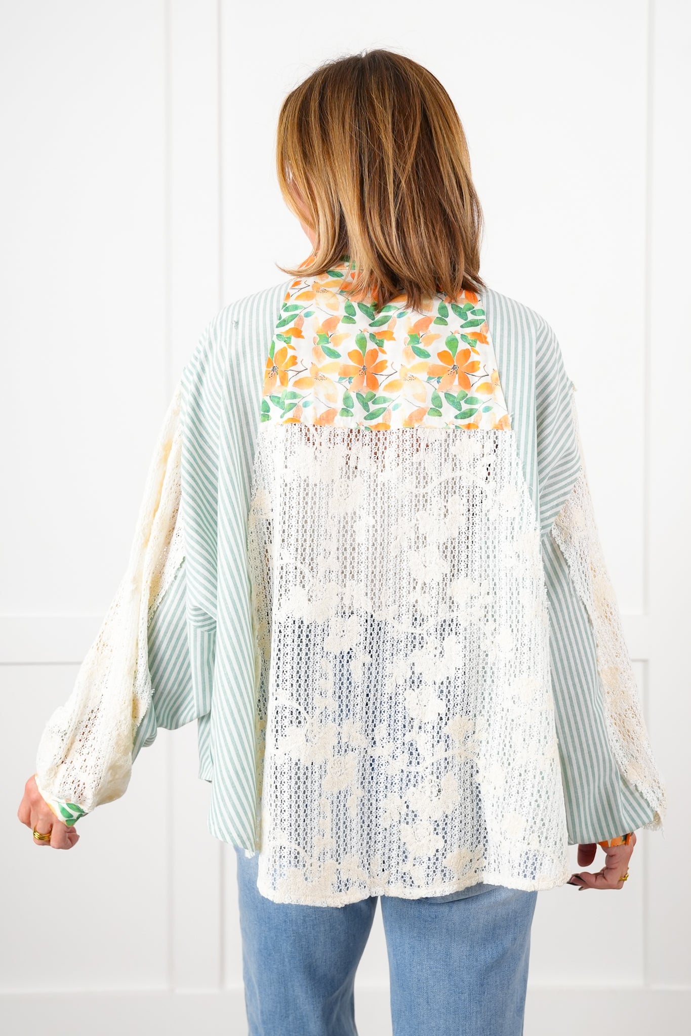 POL Stripe Long Sleeve Button Down Shacket with Floral and Lace Detail - New Colors!