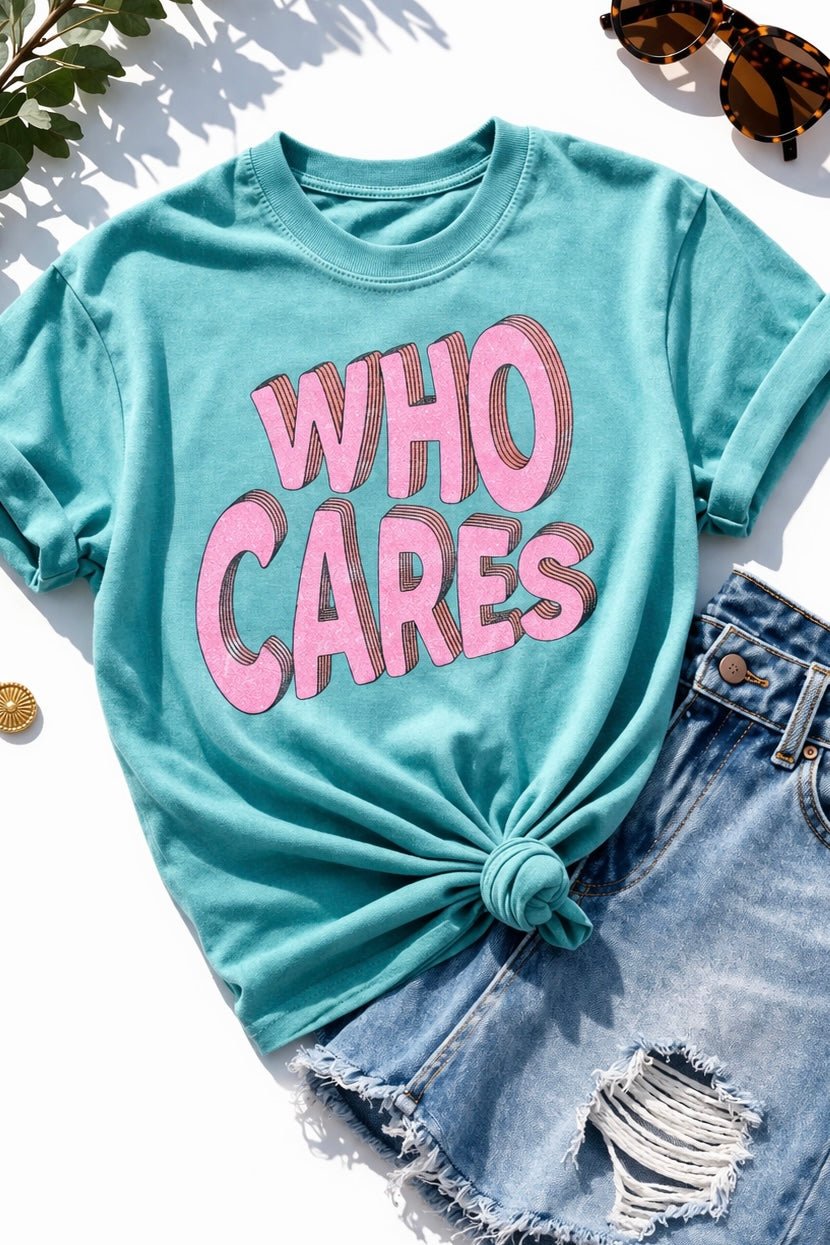 Plus/Reg Short Sleeve "Who Cares" Graphic Tee - Freckled Poppy