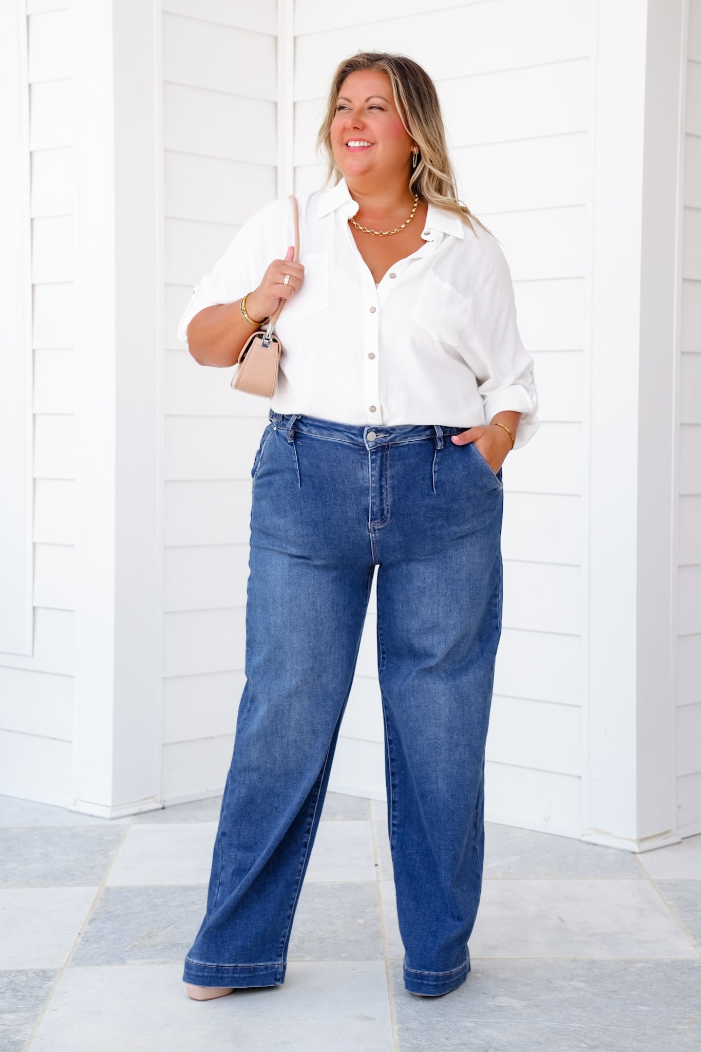 Risen High Rise Medium Wash Adjustable Waistband Wide Leg Pleated Jeans