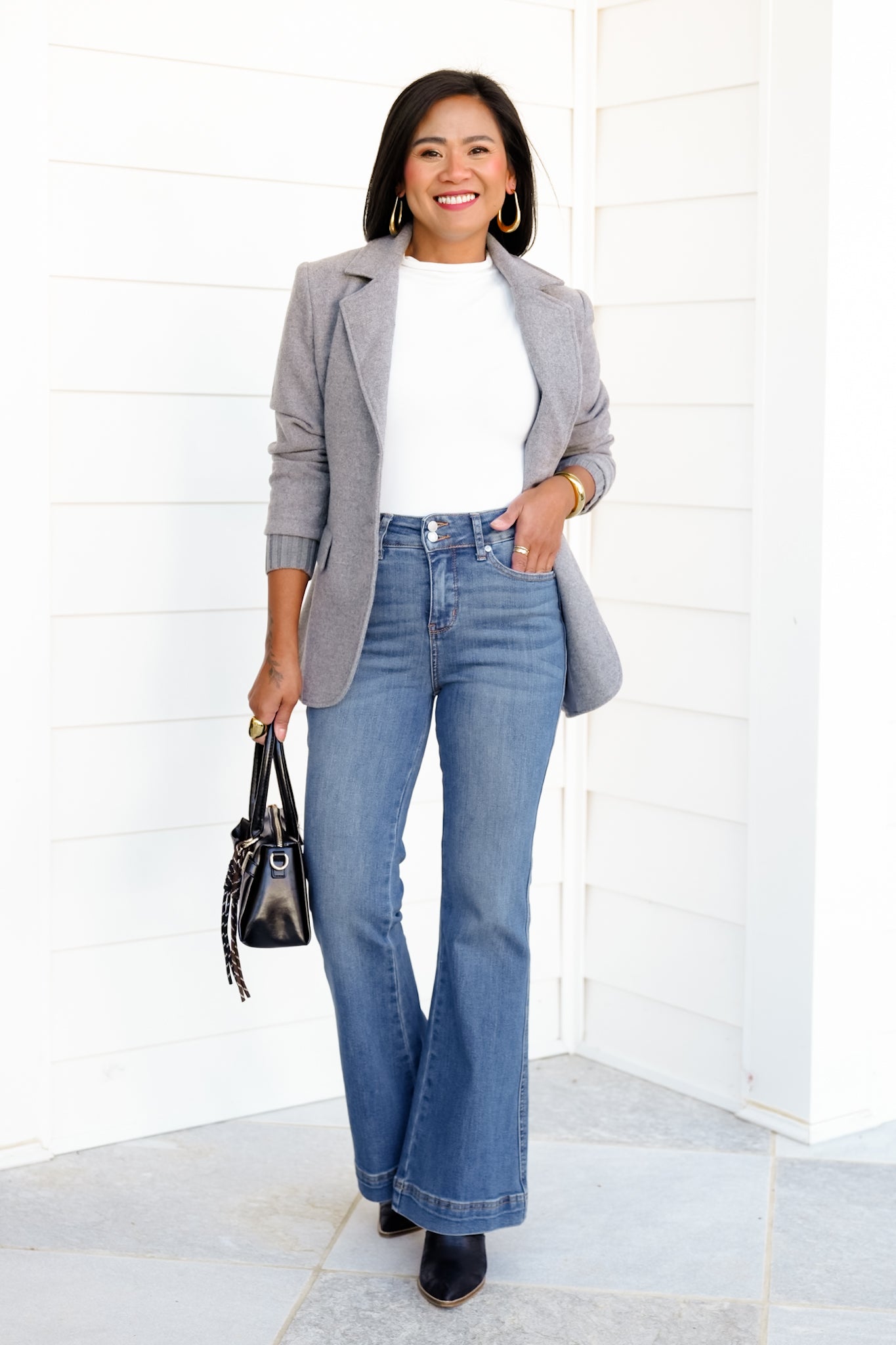 Judy Blue PETITE High Rise Medium Wash Tummy Control Flare Jeans with Double Button Waistband