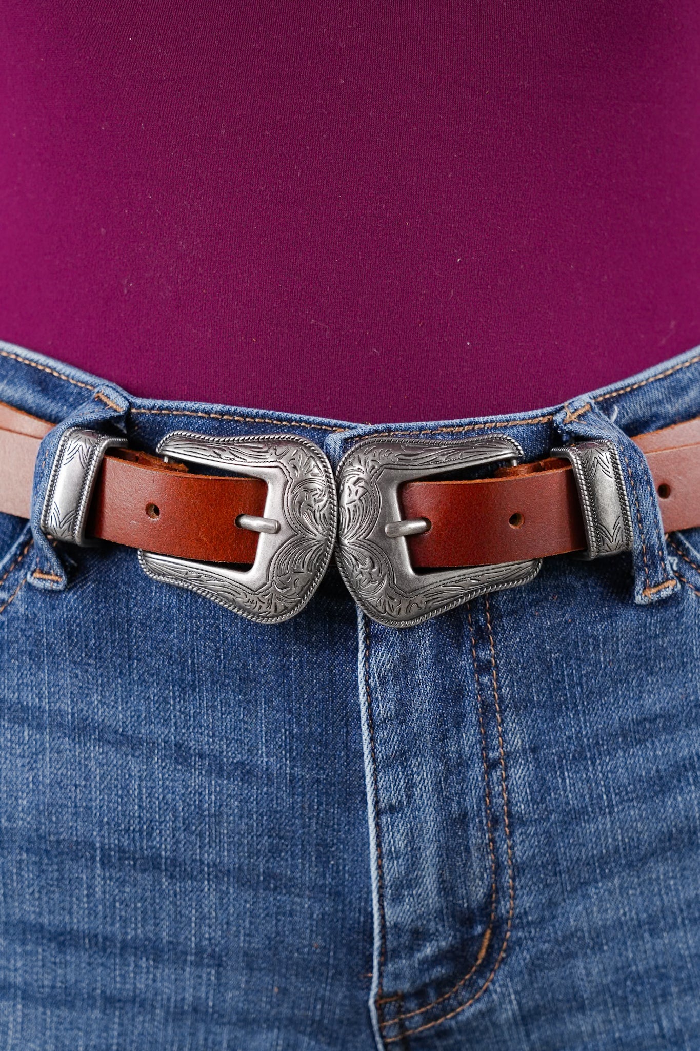 Double Buckle Western Style Leather Belt