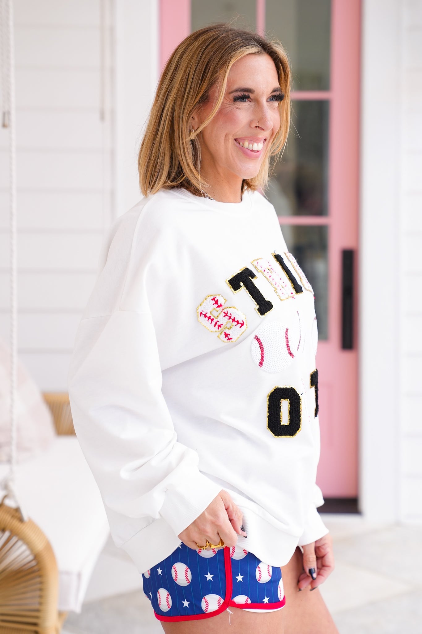 Long Sleeve "Strike Out" Baseball Patches Pullover Sweatshirt with Sequin Detail