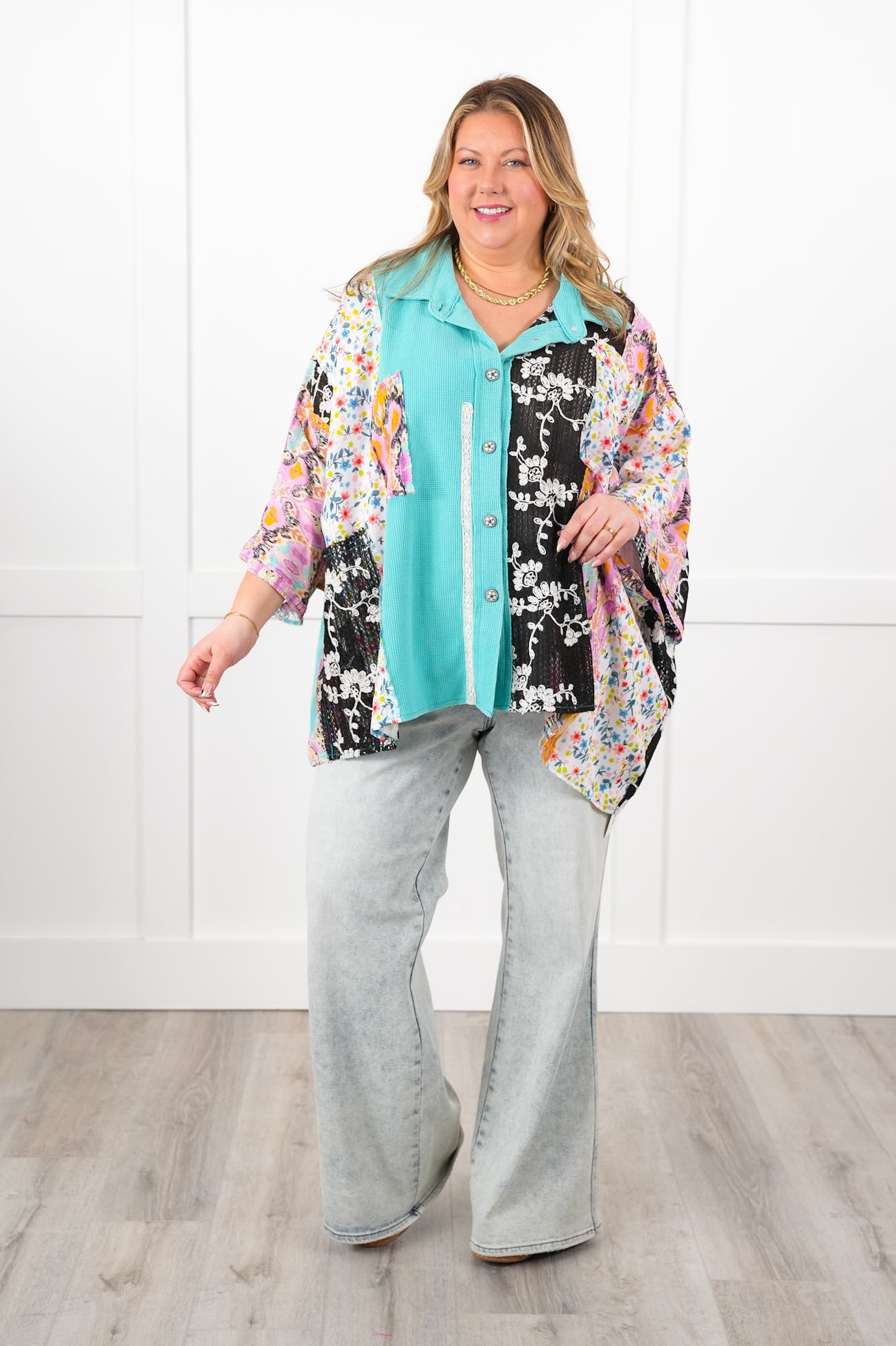 POL Thermal Long Dolman Sleeve Button Down Top with Contrast Print Detail