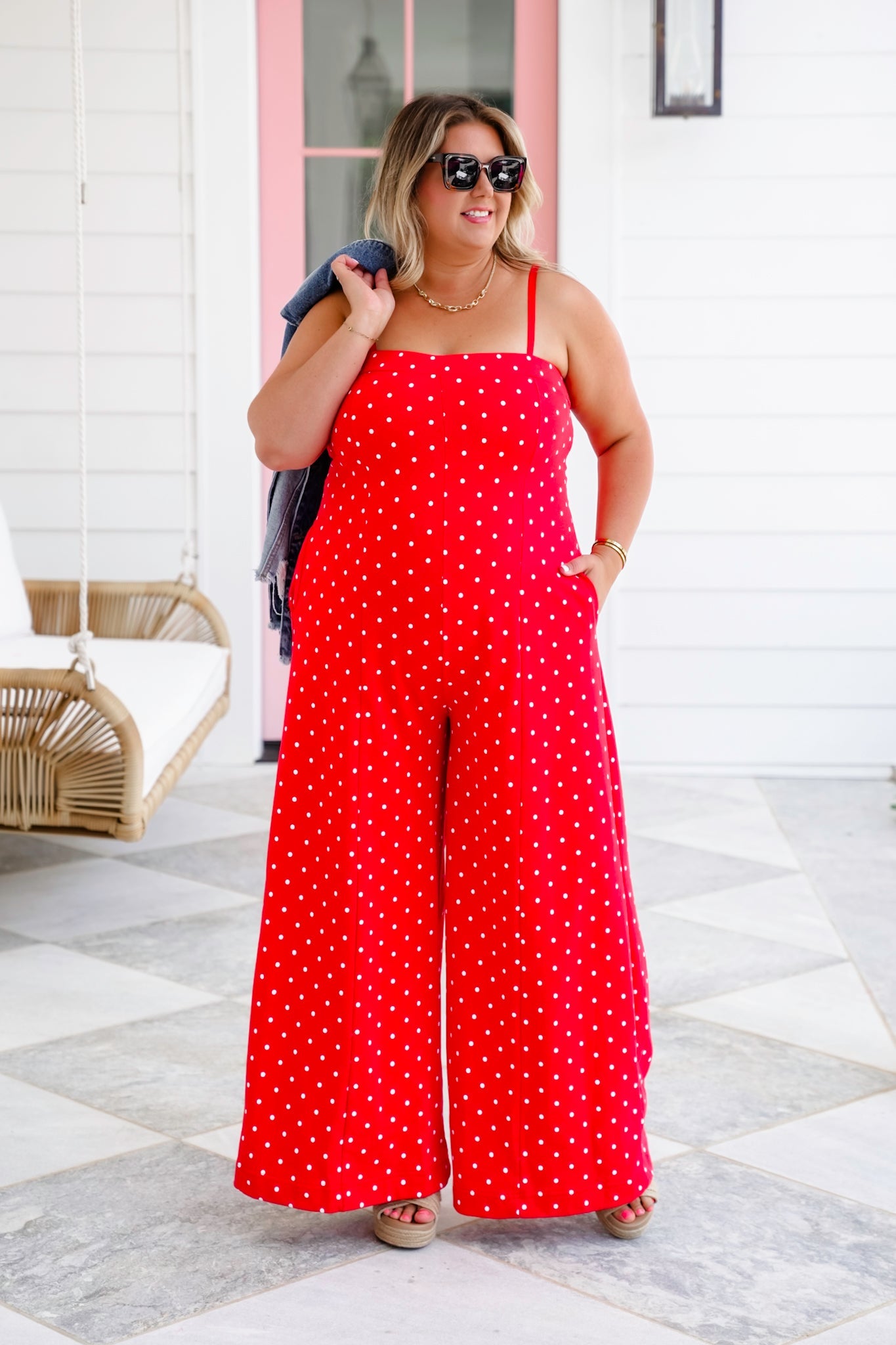 Plus/Reg Red Polka Dot Print Strapless Wide Leg Jumpsuit