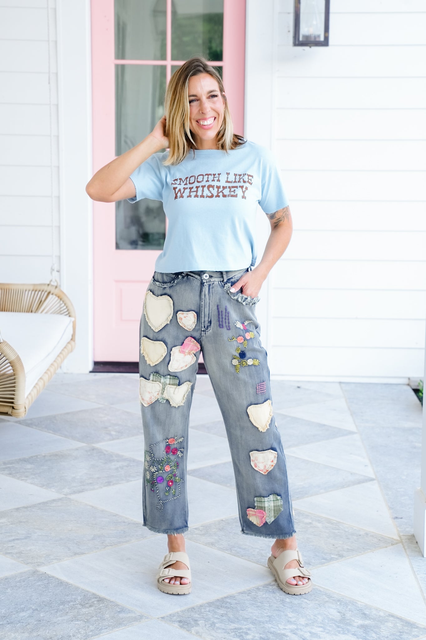 Denim Relaxed Fit Jeans with Embroidered Patchwork Detail