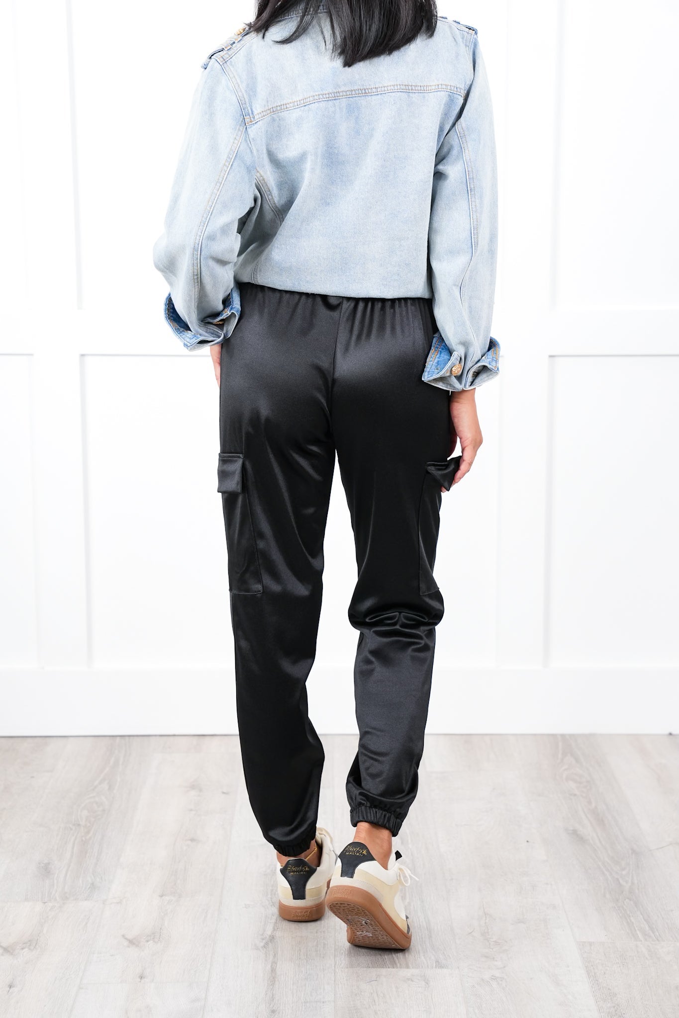 Plus/Reg Black Satin Elastic Waist Cargo Jogger Pants