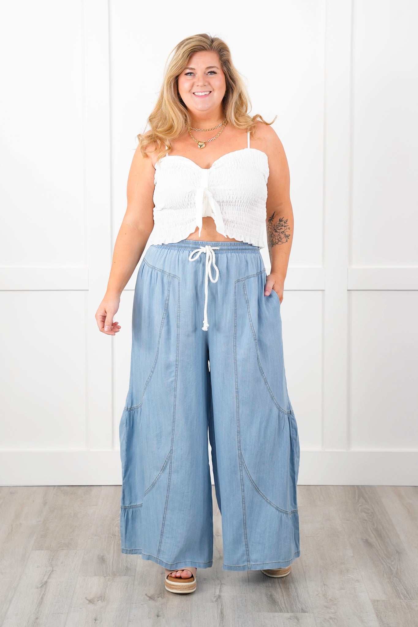 Plus/Reg Chambray Elastic Waist Wide Leg Palazzo Pants