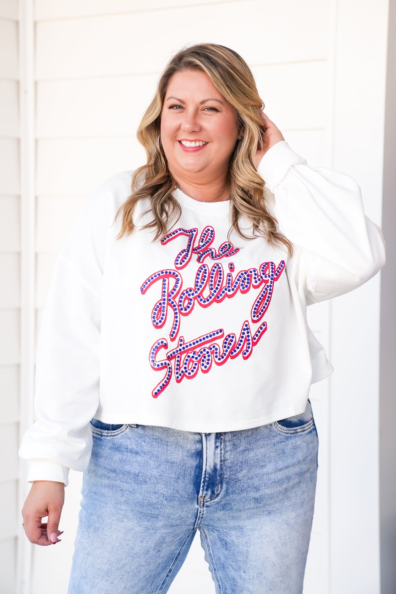 Rhinestone "The Rolling Stones" Long Sleeve Cropped Sweatshirt