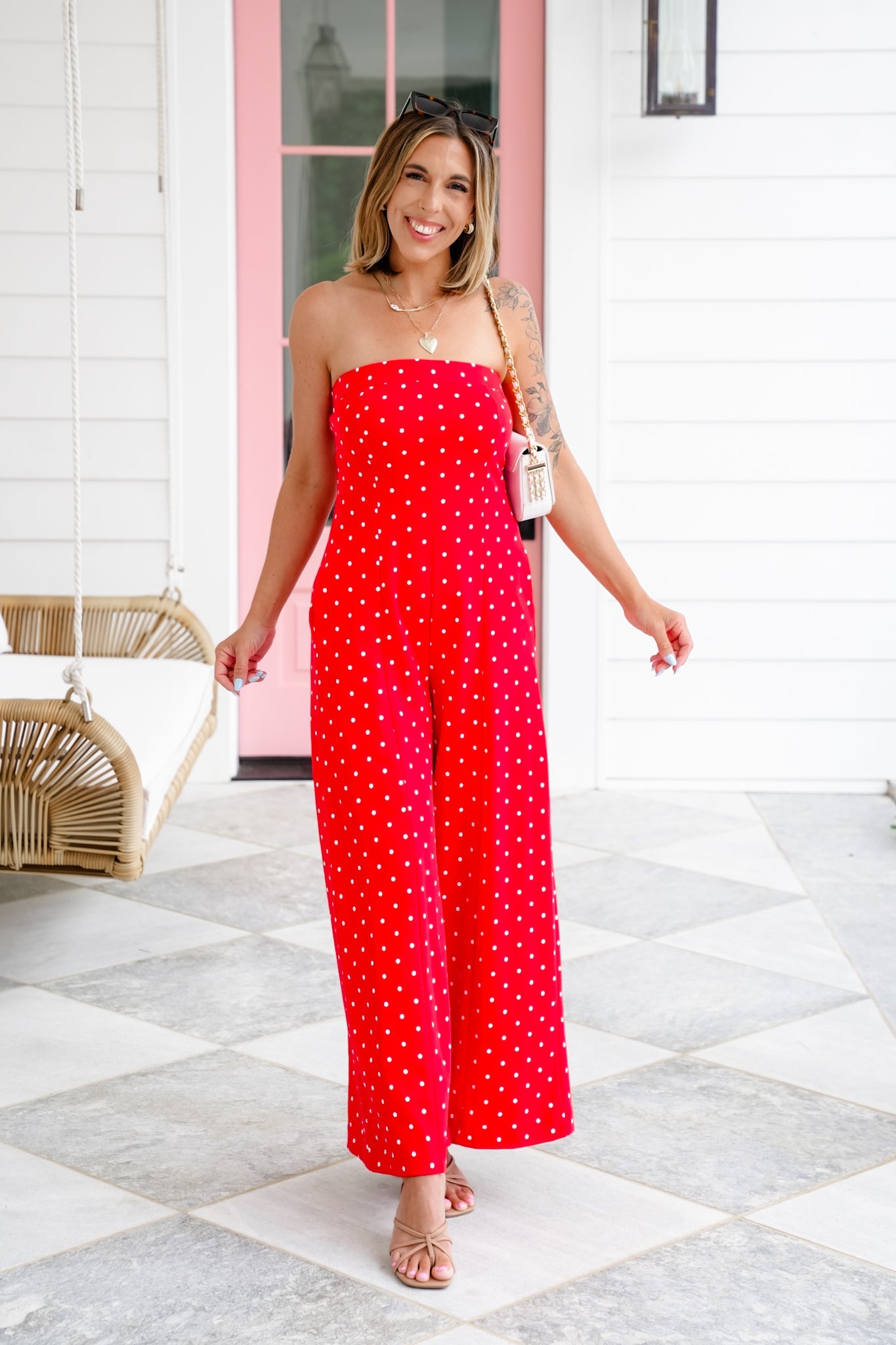 Plus/Reg Red Polka Dot Print Strapless Wide Leg Jumpsuit
